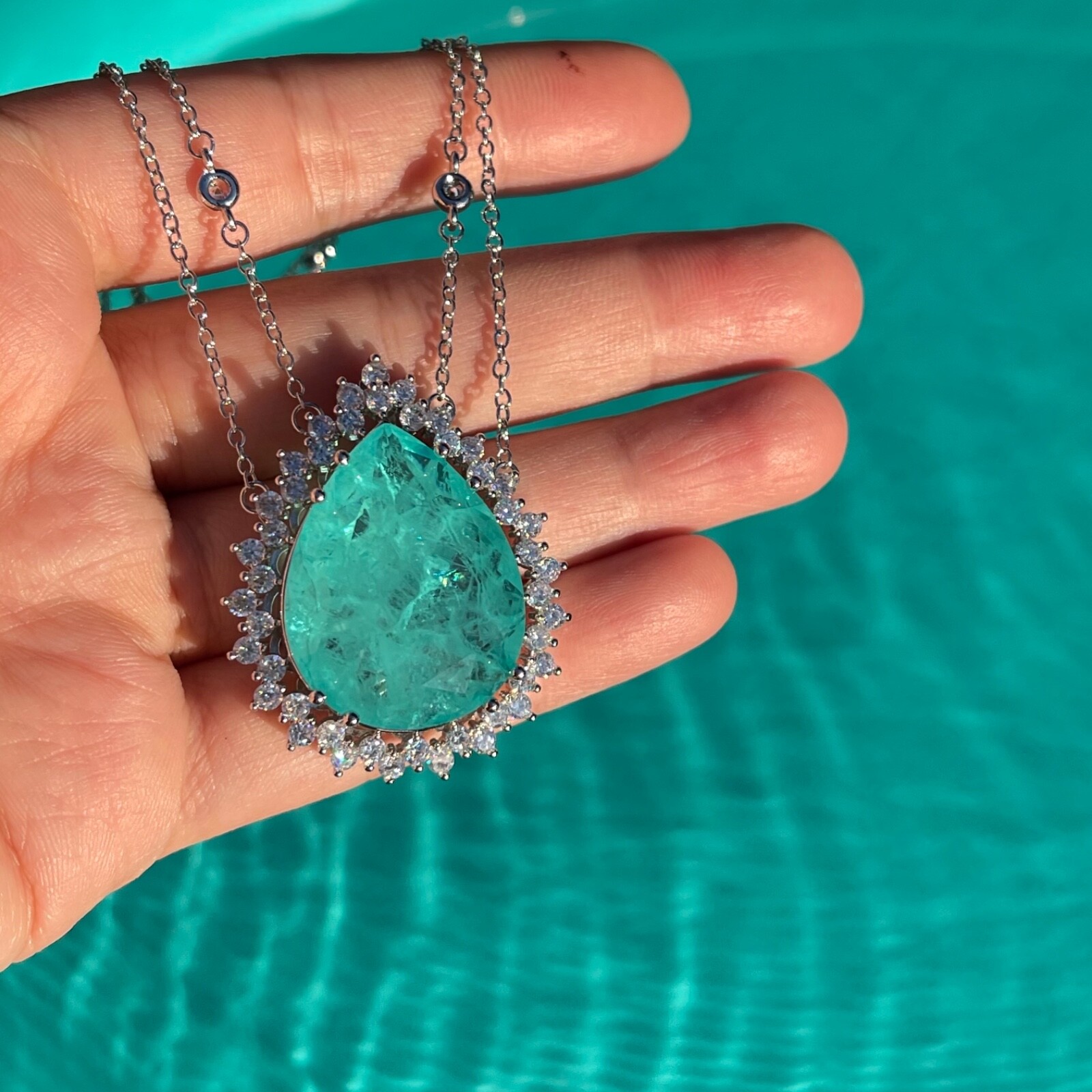 CARIBBEAN BLUE NATURAL GLOWING NEON PARAIBA TOURMALINE NECKLACE PENDANT 925 SS