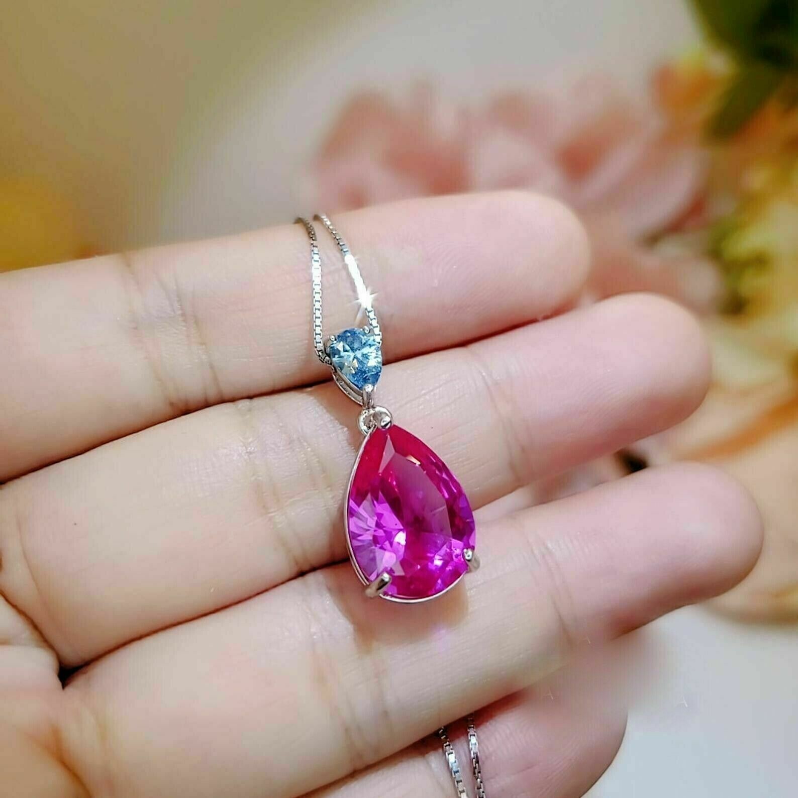 2.10Ct Pear Cut Pink Sapphire Teardrop Pendant 14K White Gold Plated Free Chain