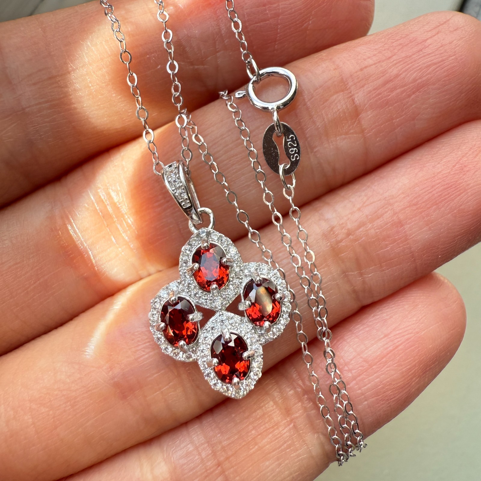 925 Sterling Silver Necklace 4x3mm Natural Garnet Gemstone Zircon Flower Chain