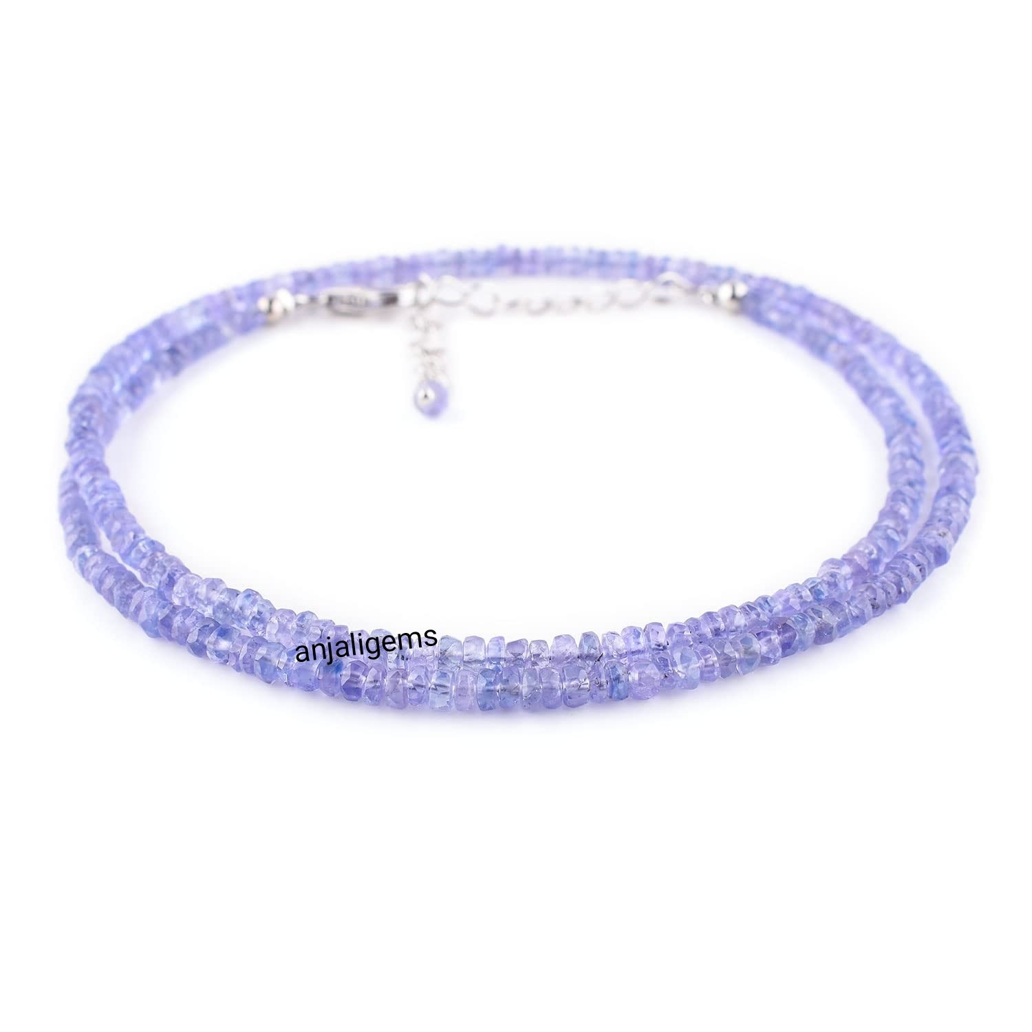 18K White Gold Finished Over AA+ Tanzanite Gemstone Beads Necklace In 925 Silver