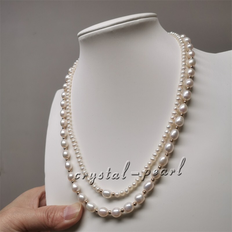 Double strands natural AAA white pearl necklace 17″ 19“ 14K GOLD CLASP