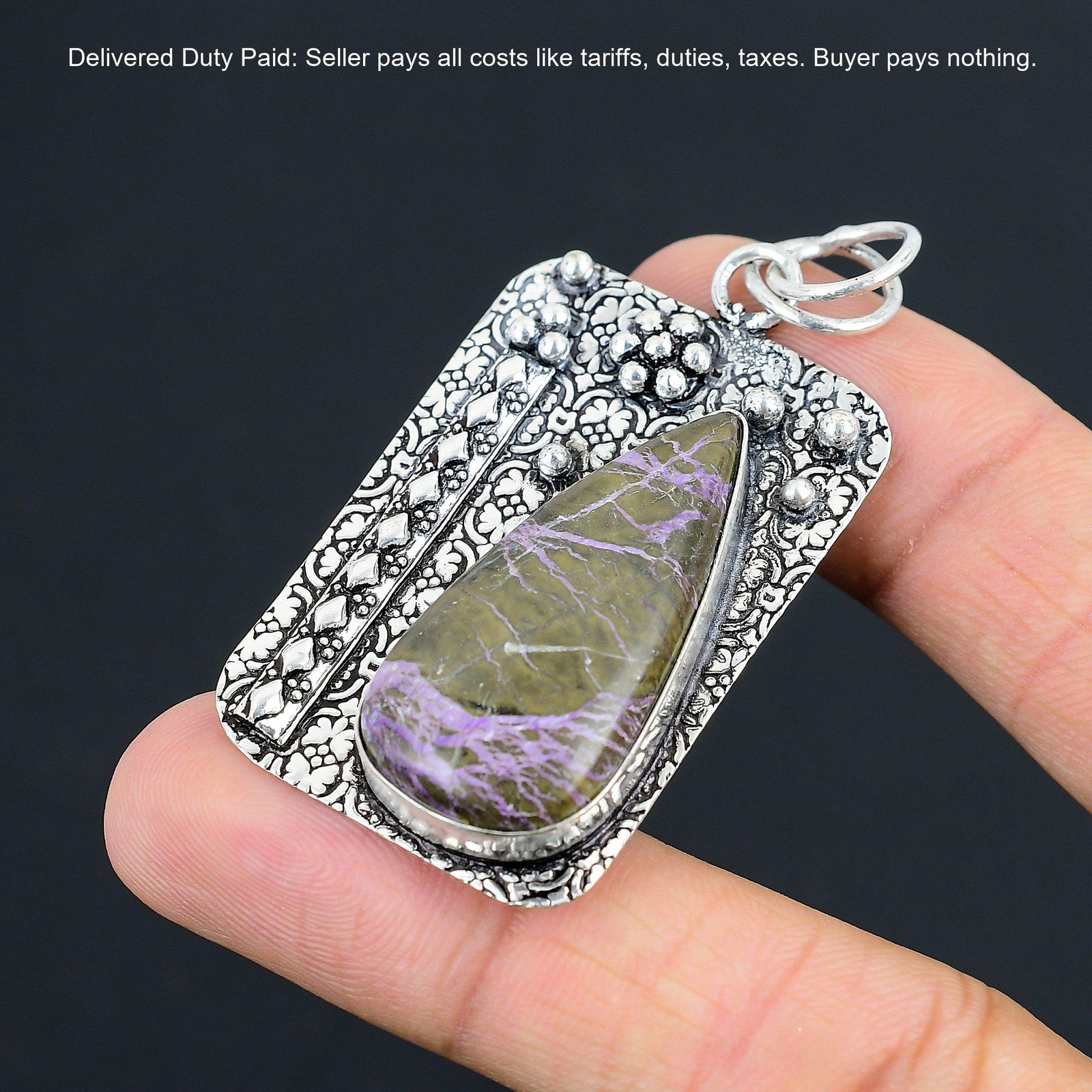925 Silver Pear Purpurite Gemstone Wife Birthday Wedding Elegant Artisan Pendant