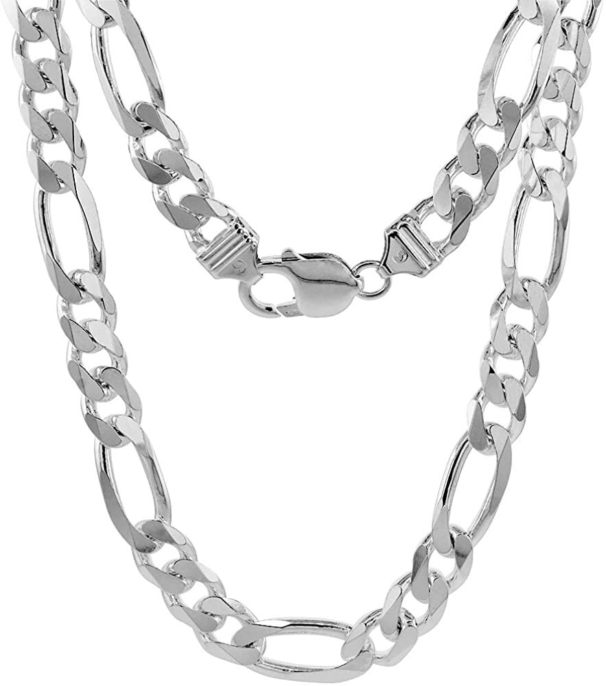 925 Sterling Silver Heavy Figaro Chain Beveled Edge Bracelet Necklace 9mm-17mm