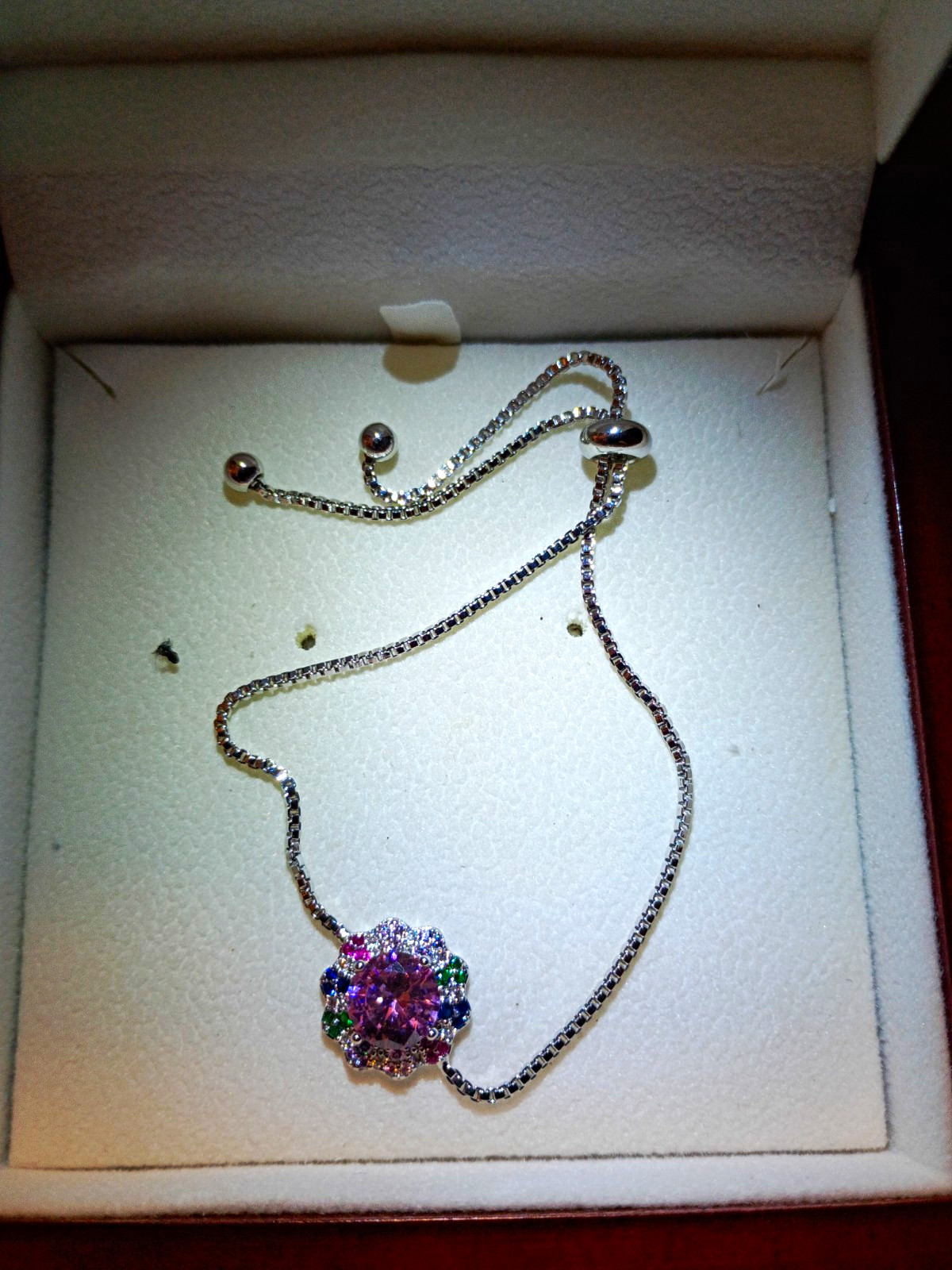 925 Silver Adjustable Box Chain Necklace Round Multicolor CZ Cluster Pendant