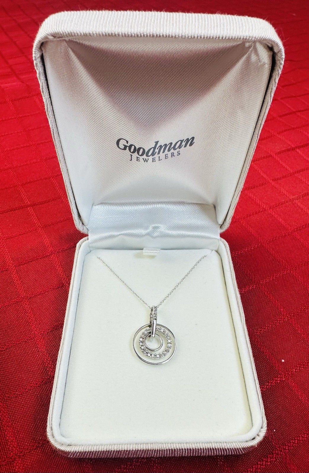 10K White Gold 2g Natural Diamond Double Circle Pendant Necklace NEW