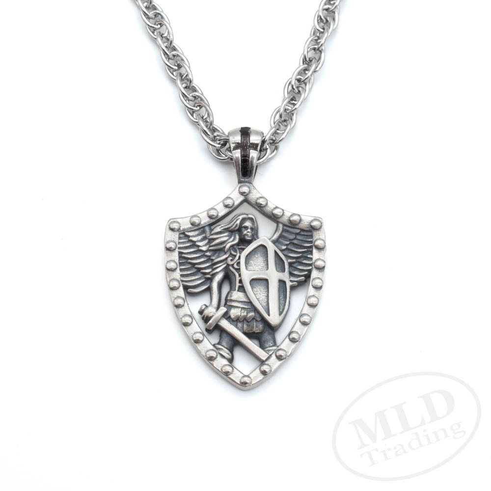 MLD 925 Sterling Silver Saint St Michael Shield Pendant Necklace w/ 22″ Chain