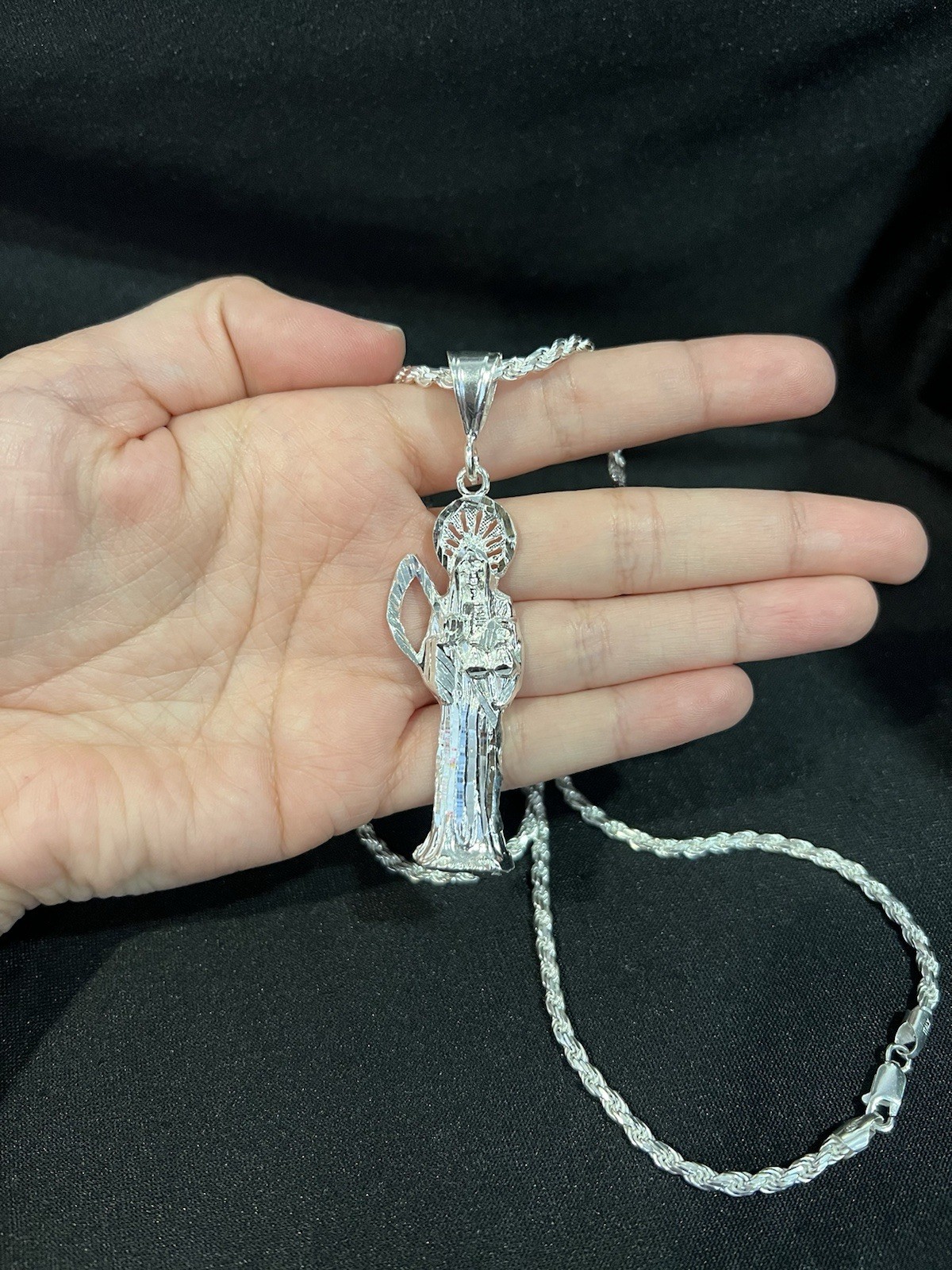 925 Sterling Silver Mens Womens Santa Muerte Grim Reaper & Rope Chain 20 26 30