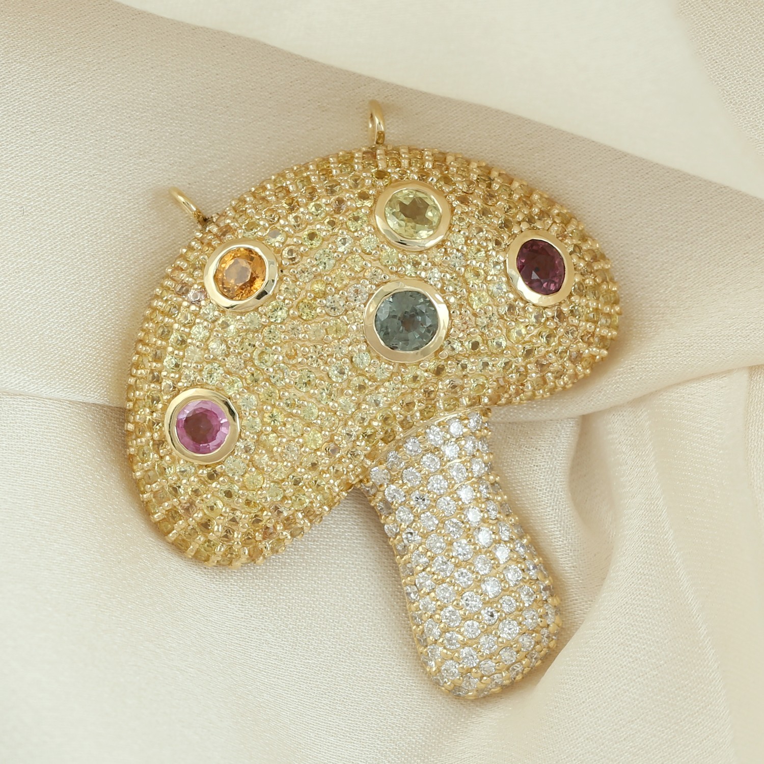 14k Yellow Gold Pave Diamond Multicolor Sapphire Mushroom Pendant For Women