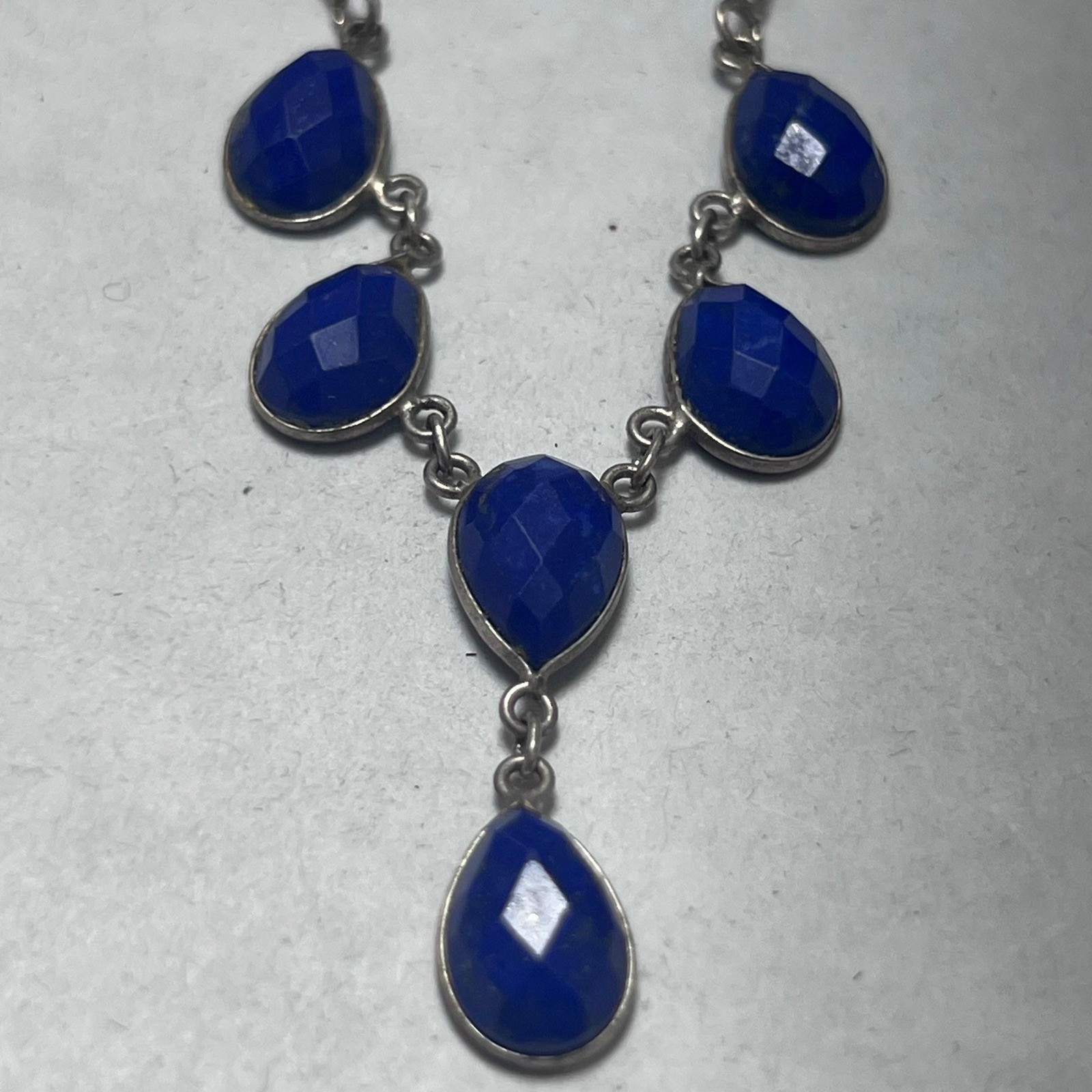 Sterling Silver Lapis Lazuli Faceted Teardrop Drop Necklace Blue Gemstone 925