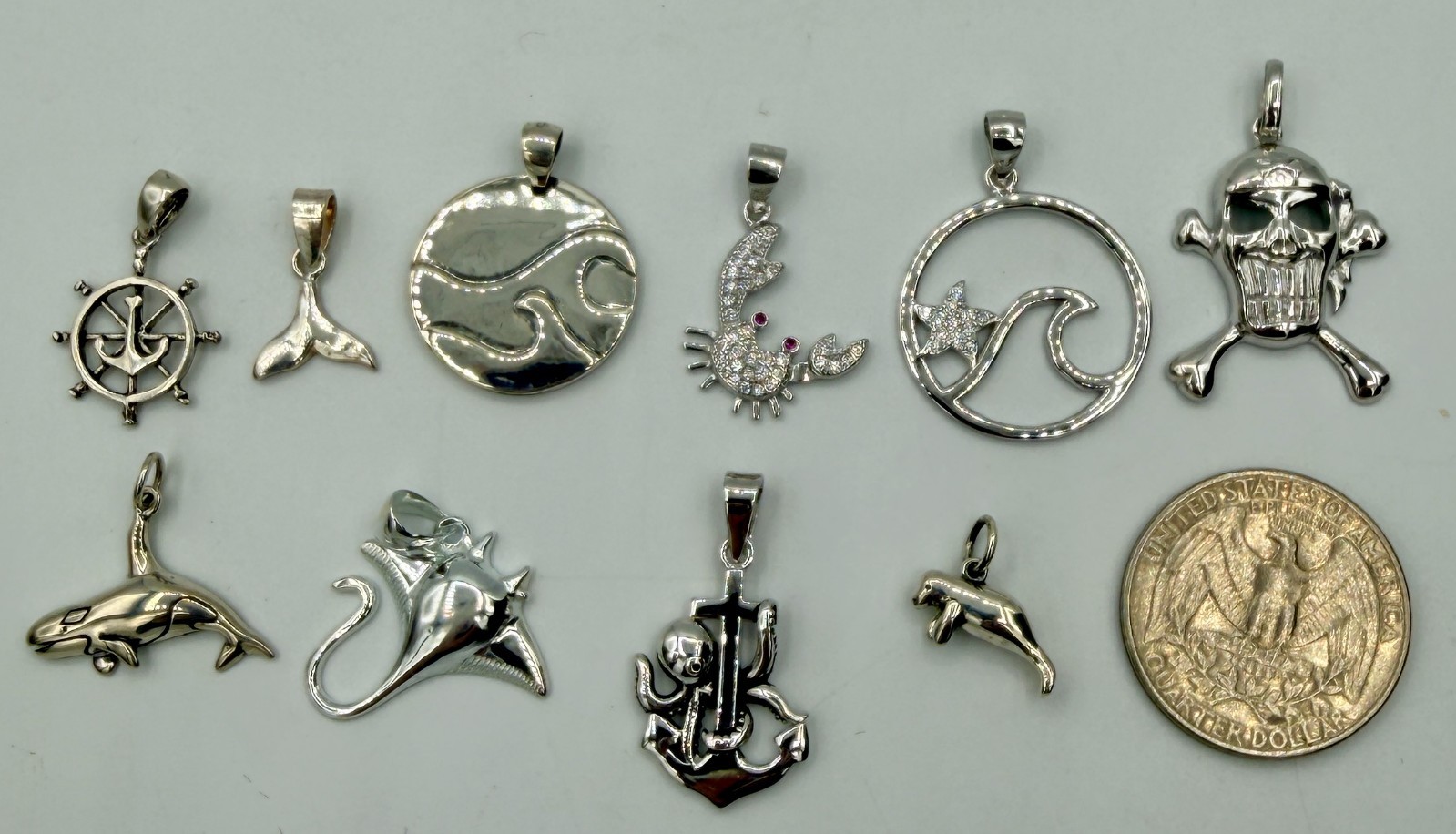 925 Sterling Silver Nautical Beach Theme Animal Pendants Charms Anchor Crab Wave