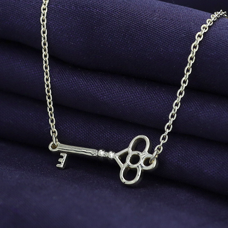 Sideways Key Pendant Necklace 14K Yellow Gold Plated Sterlg For Womens 18″ Cha