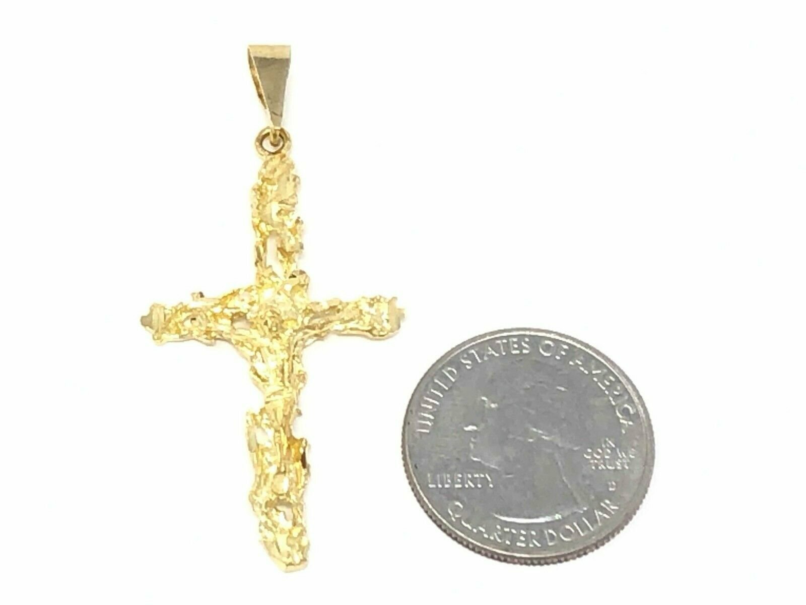 10k Yellow Gold Crucifix Nugget Cross Charm Pendant Religious 2″ 4 grams