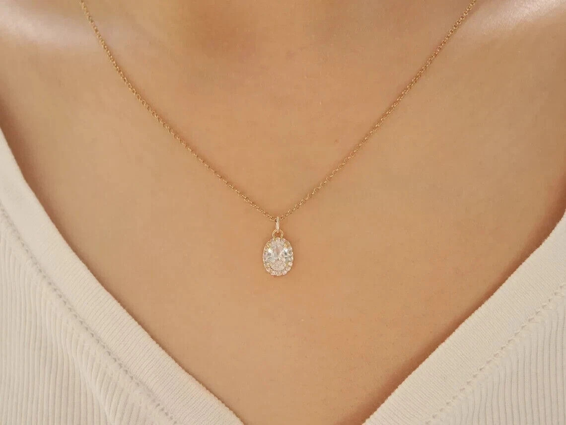 2Ct Oval Lab Created Diamond Solitaire 4 Prong Pendant 14K Yellow Gold Finish