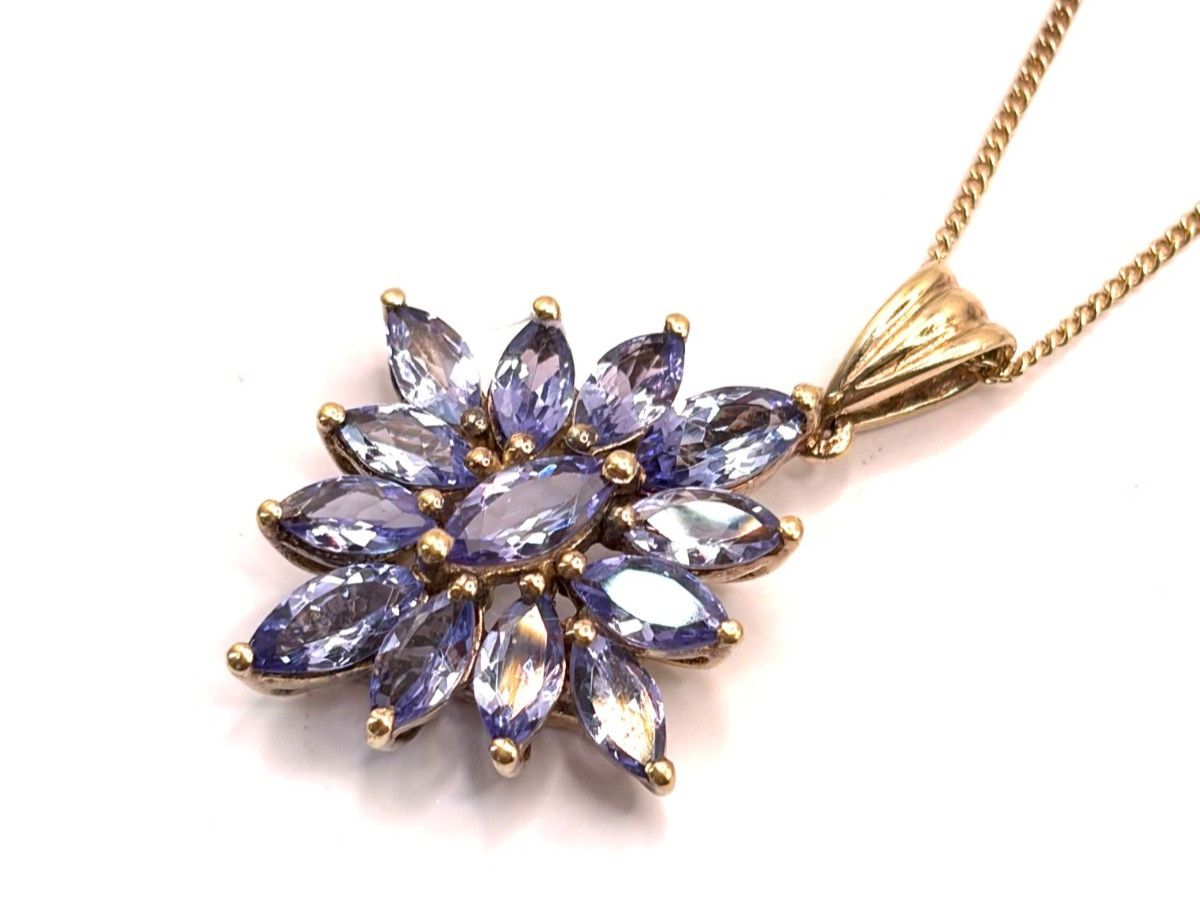 New Sterling Silver Gilt Tanzanite Cluster Pendant Necklace
