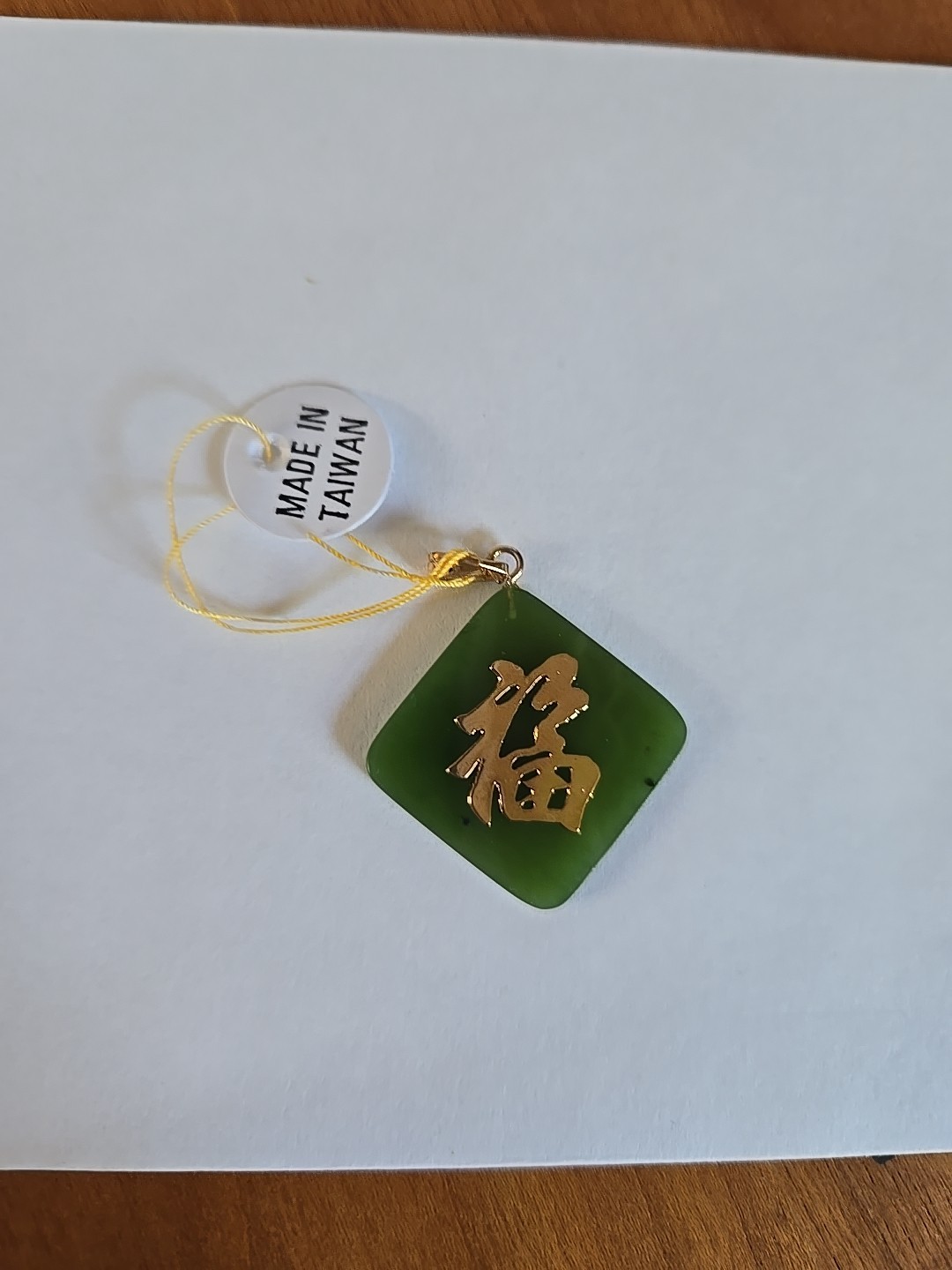 Vintage Gold Filled Bale Natural Green Jade Diamond Shape With Good Luck Sign