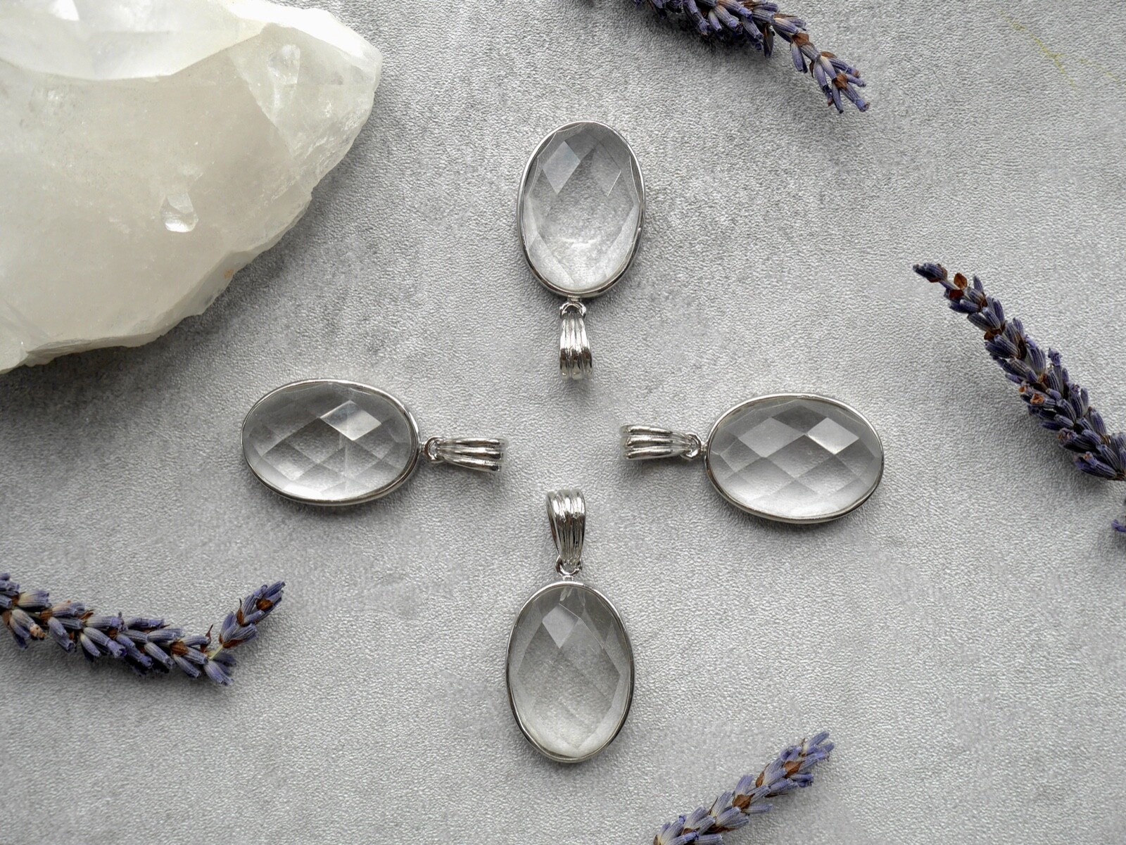 1 Faceted Clear Crystal Rock Quartz Silver Plated Oval Pendant Natural Jewellery