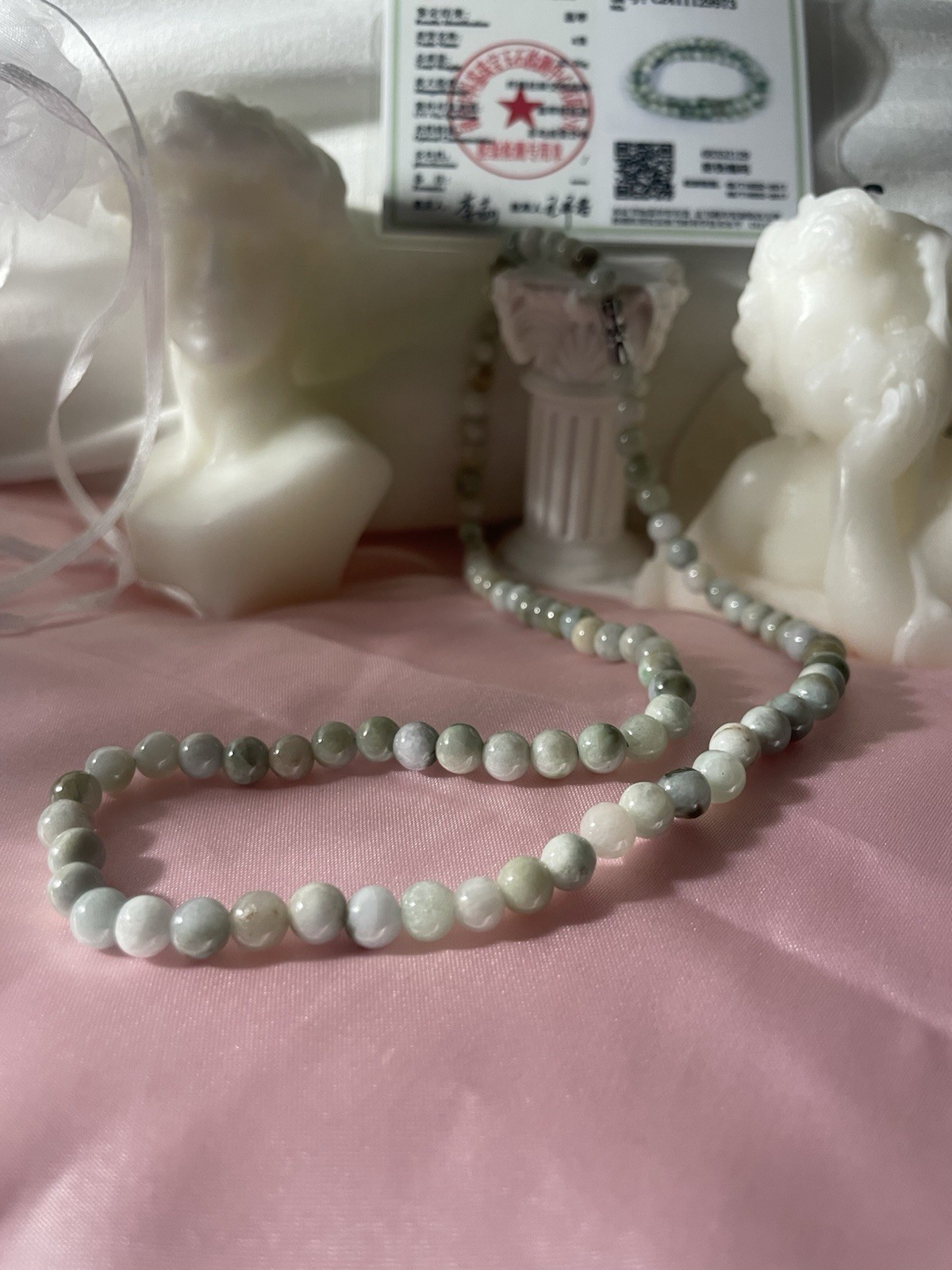Natural Light Green Jade Beaded Necklace 6.5mm 18”Certified