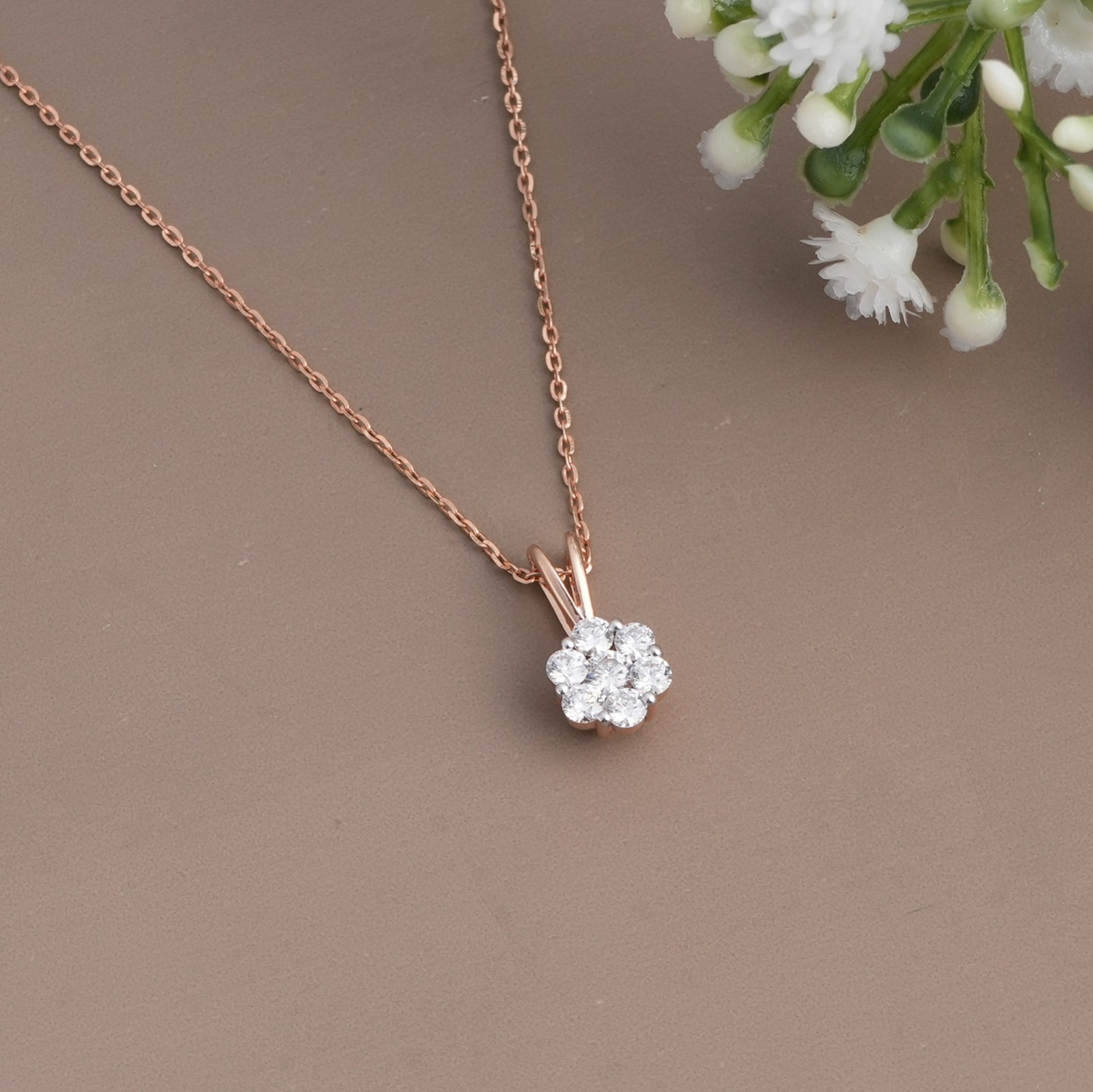 925 Sterling Silver Rose Gold Diamond Cluster Pendant Round Cut Flower Shape