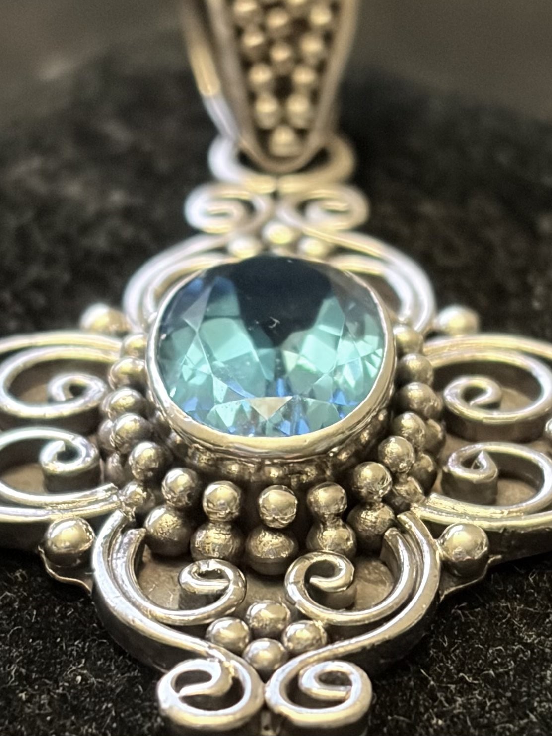 Bali Blue Topaz Cross Pendant 925 Sterling Silver Ornate Filigree Scrollwork