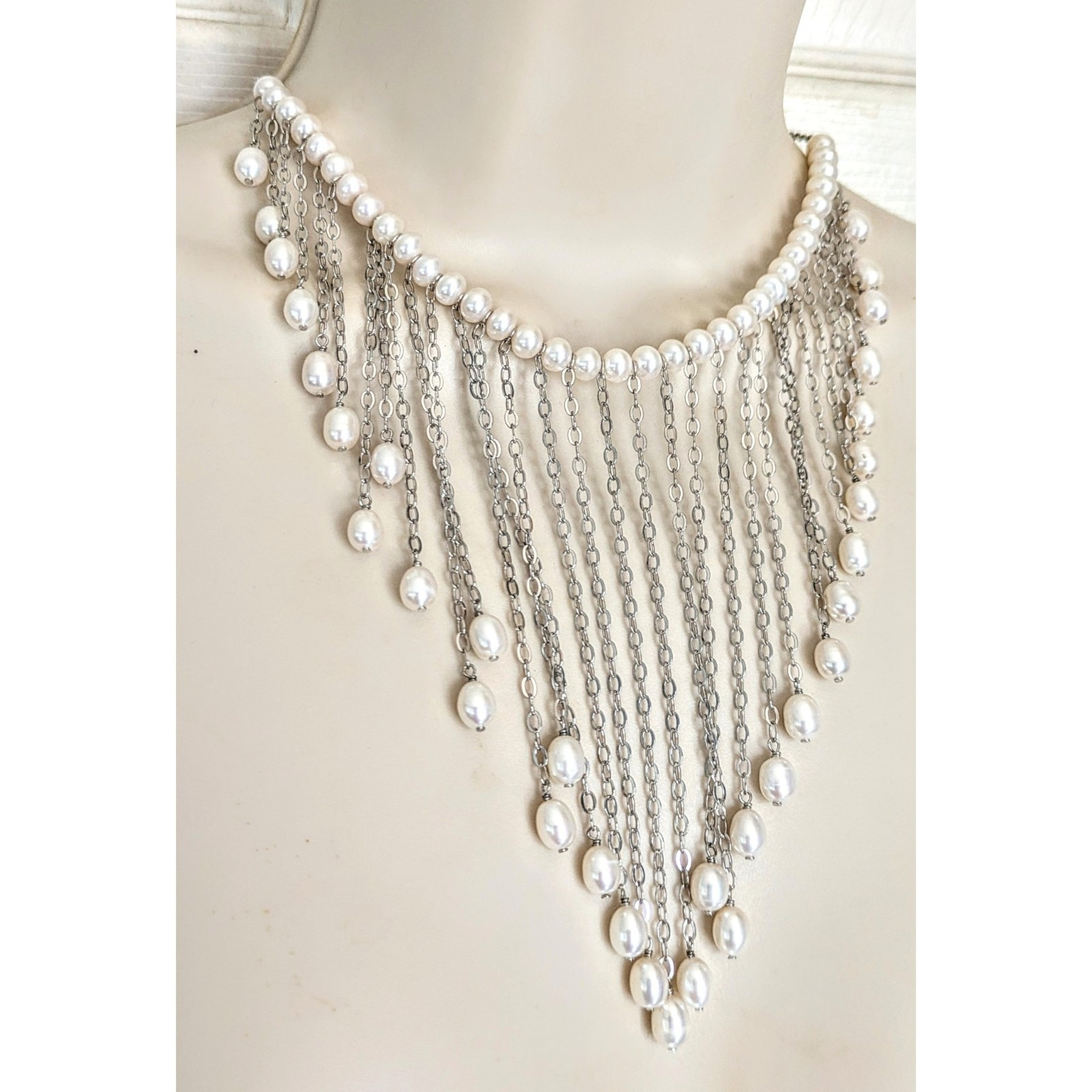 Sterling Silver White Cultured Pearl Fringe Bib Dangle 925 Gemstone Necklace