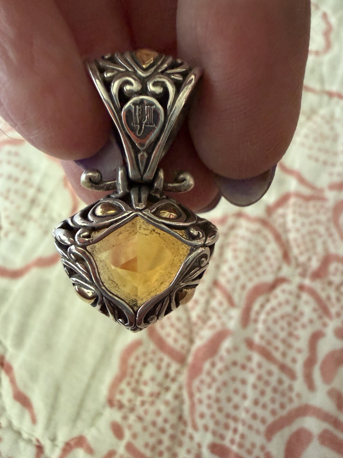 John Hardy citrine pendant W/intricate filigree sterling silver & 18K gold