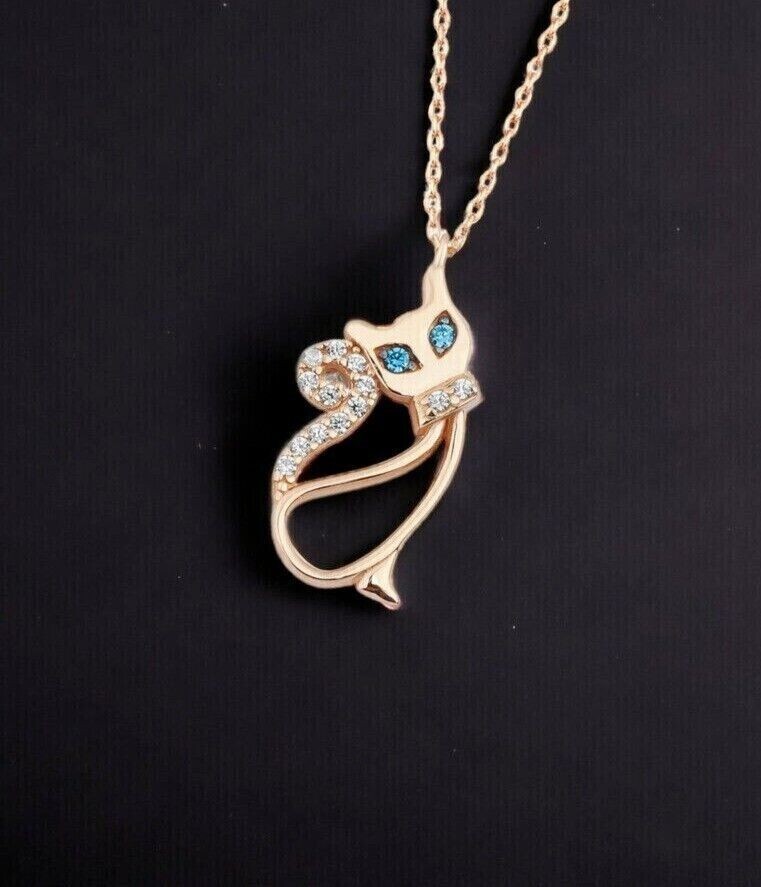 1.22Ct Round Cut Lab-Created Blue Topaz Cat Pendant 925 Sterling Silver
