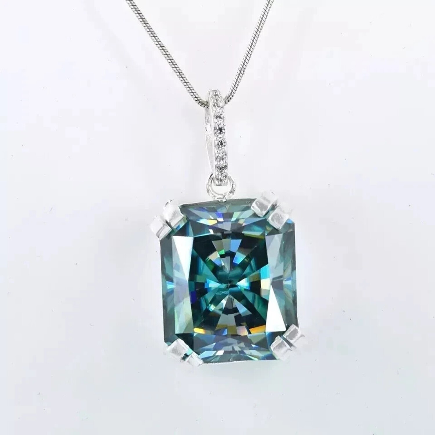 Valentine Gift 14.2 Ct Blue Radiant Cut Lab Grown Charm Pendant Sterling Silver