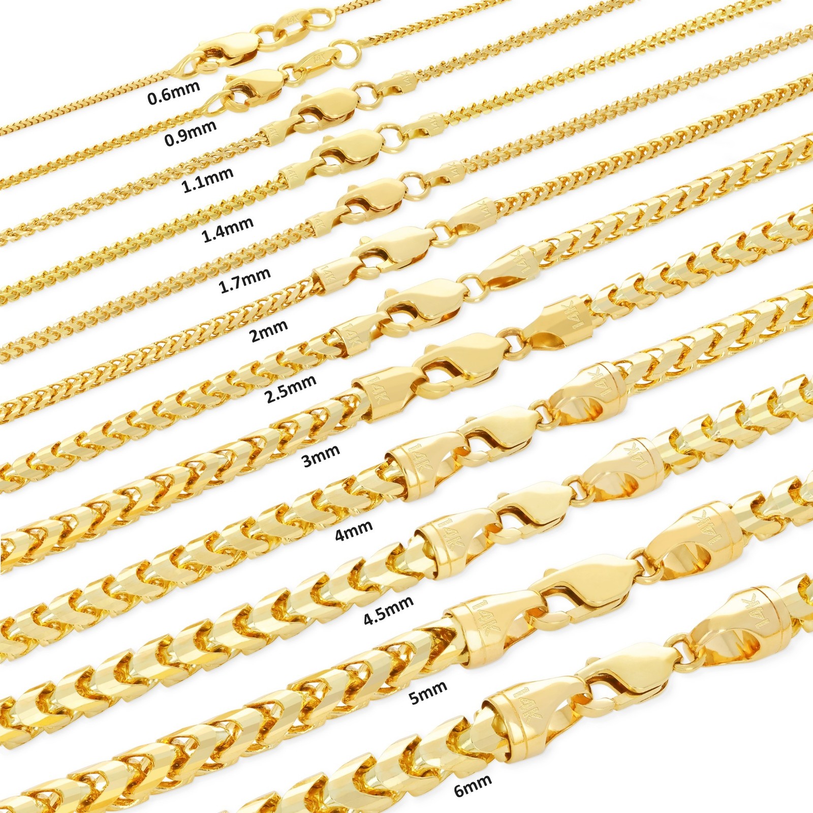 14K Yellow Gold Solid Franco 0.6mm-6mm Diamond Cut Spiga Chain Necklace 16″- 30″