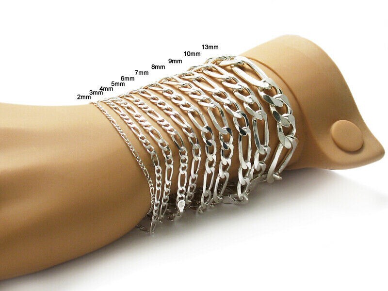 Sterling Silver Men’s Women’s Figaro Solid Chain Bracelet or Necklace 925 Italy