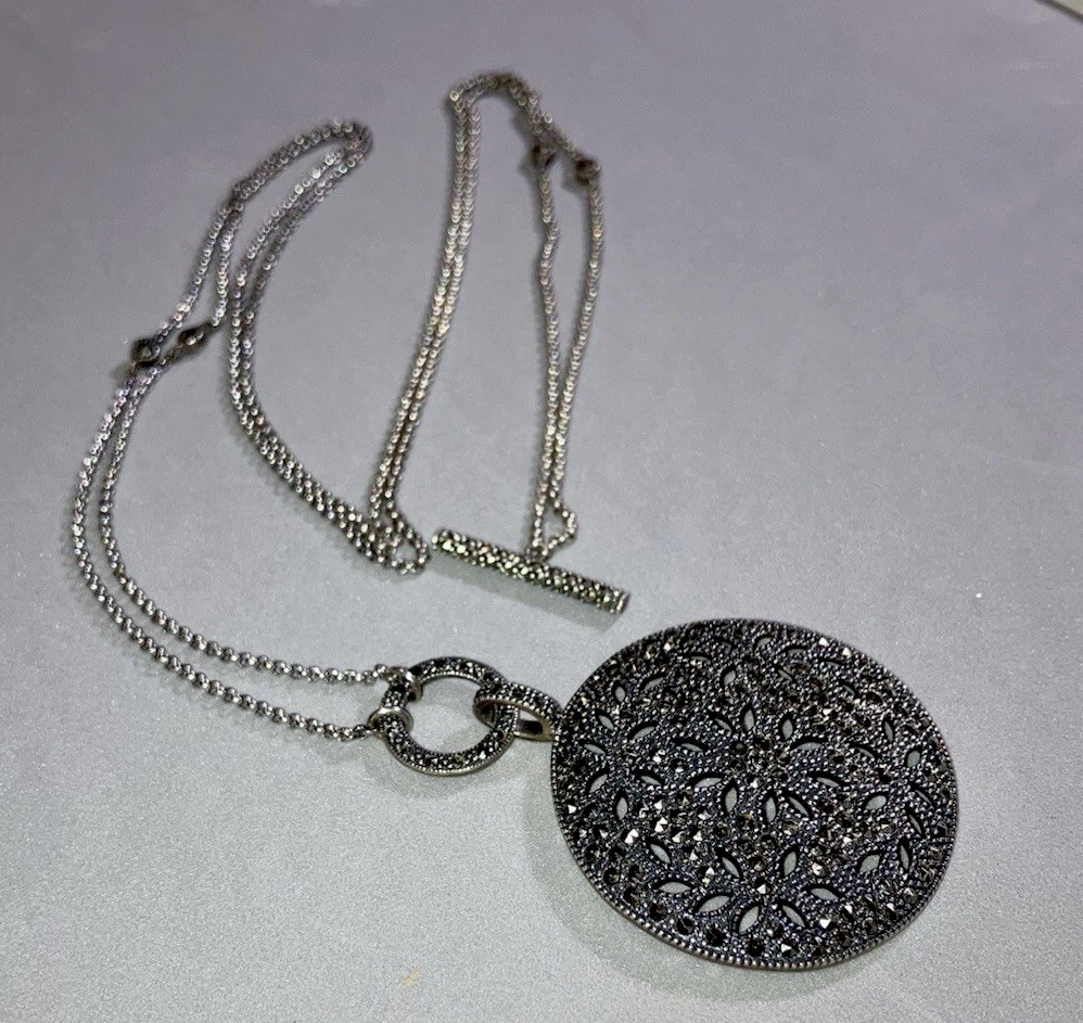 Vintage Judith Jack $285 Sterling Silver 925 Marcasite Dome Pendant Necklace 36”