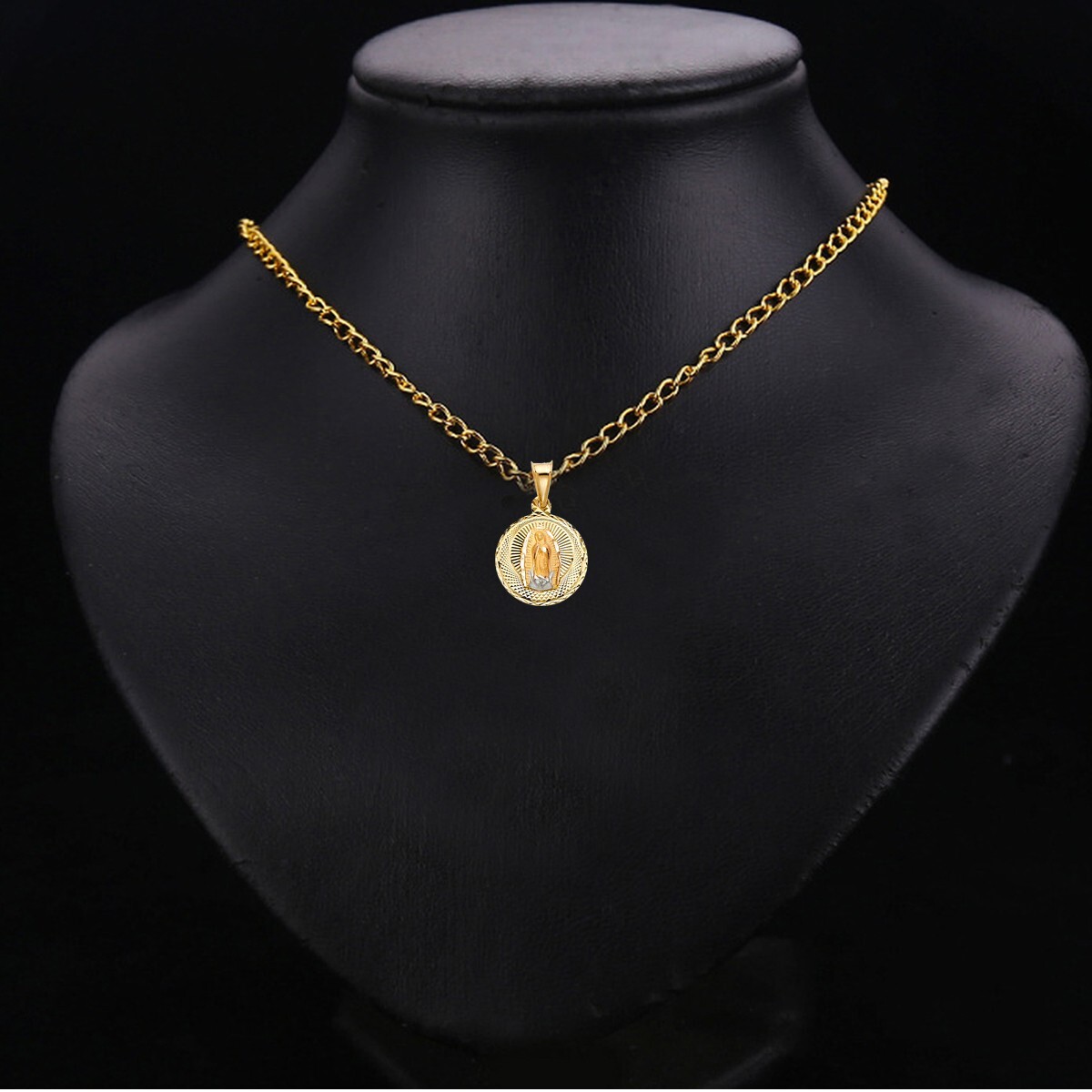 14K Tri Color Gold Diamond Cut Guadlupe Stamp Religious Pendant
