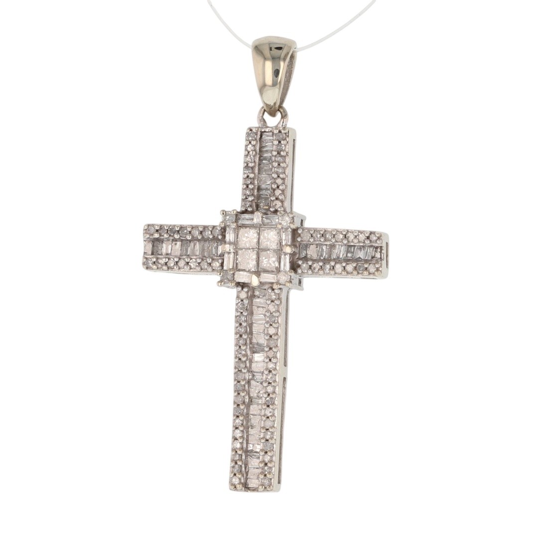 .66ctw Multi-Cut Diamond Religious Cross Pendant without Chain 10k White Gold
