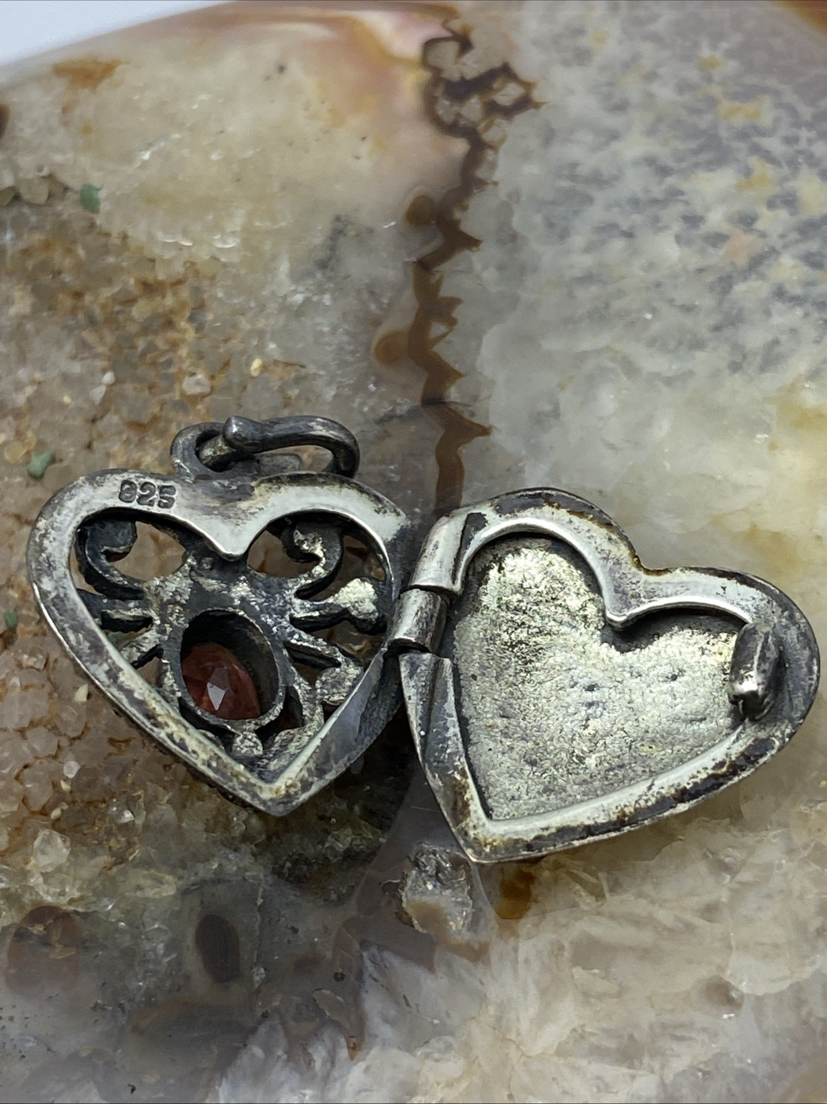 Sterling Silver Garnet And Marcasite Heart Locket Style Pendant