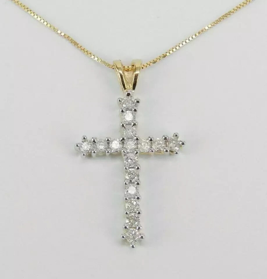 1.30Ct Round Cut Diamond Cross Pendant Necklace 14K Yellow Gold Over Free Chain