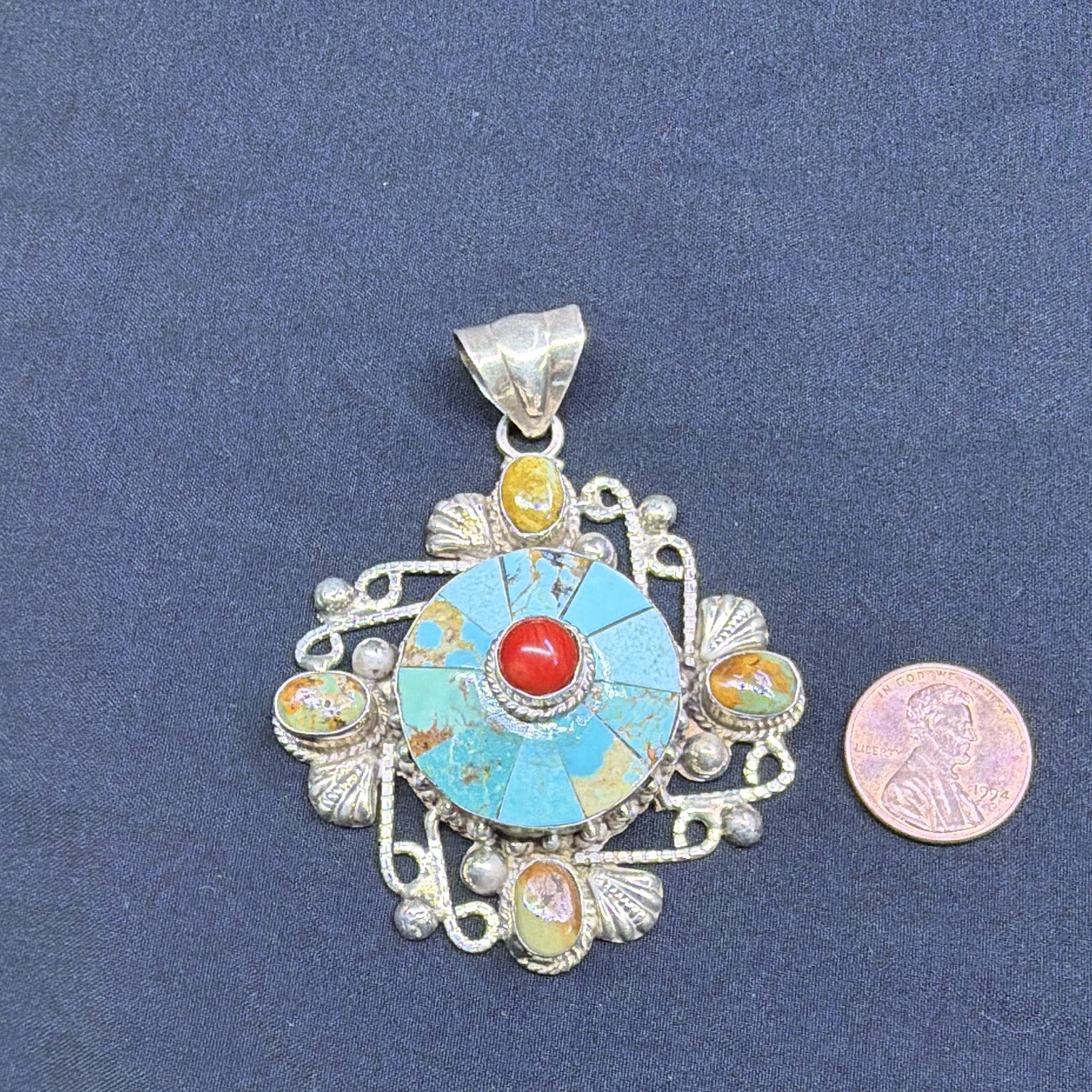 925 Sterling Silver India Turquoise Multi-Stone Inlay Round Pendant Signed