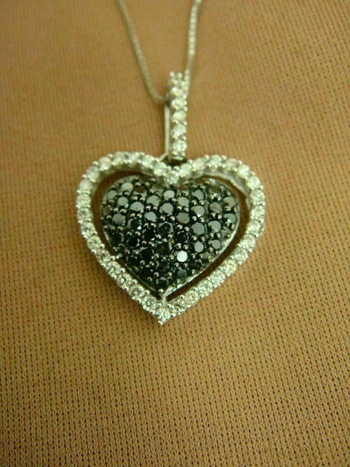 1.15 Ct Round & Black Cut Diamond Heart Pendant 14K White Gold Finish