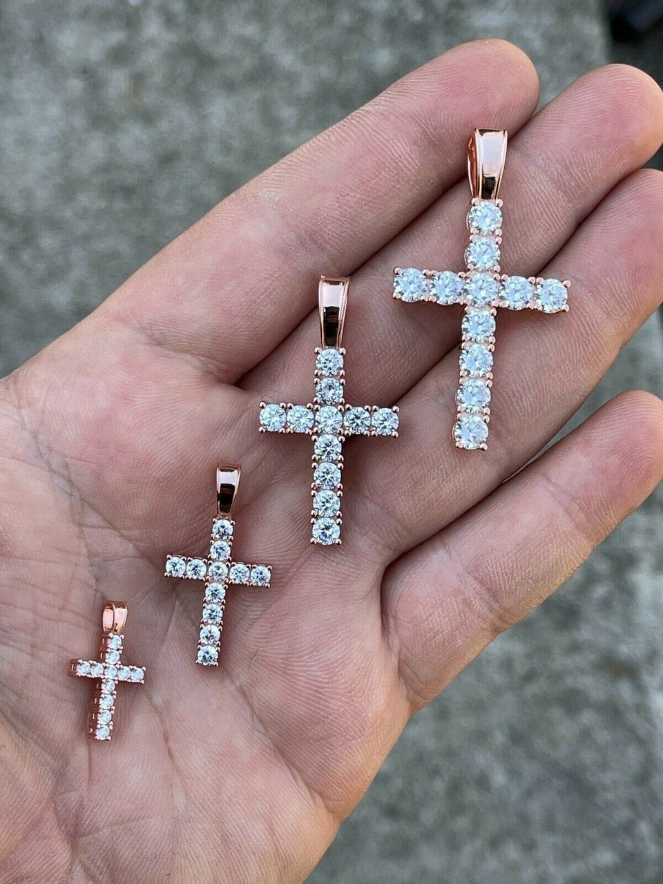 Tennis Cross Iced Pendant – Rose Gold Vermeil 925 Silver – 5 Sizes 0.75″-2.25″