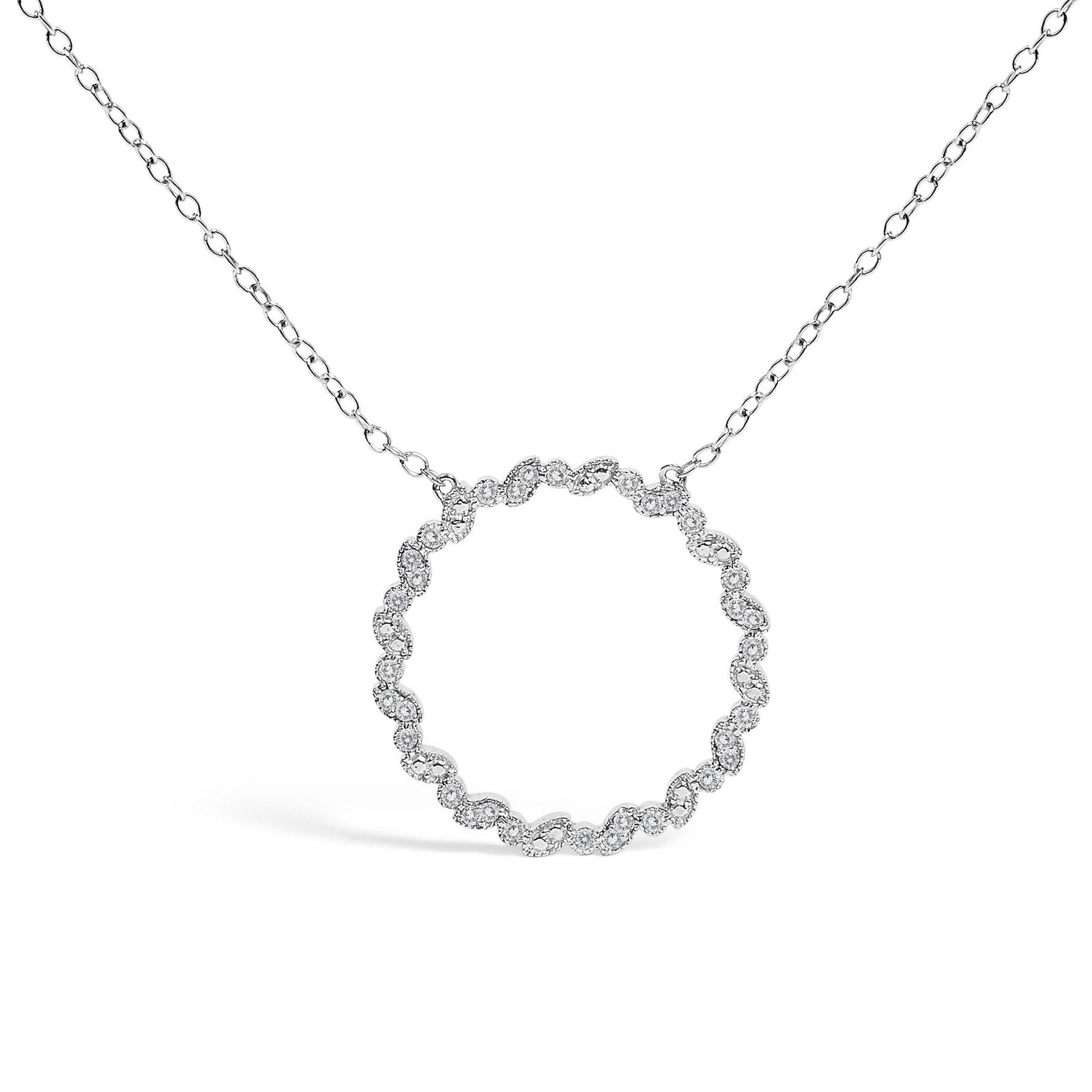 .925 Silver 1/7 Cttw Lab Created Diamond Beaded Love Circle Pendant Necklace