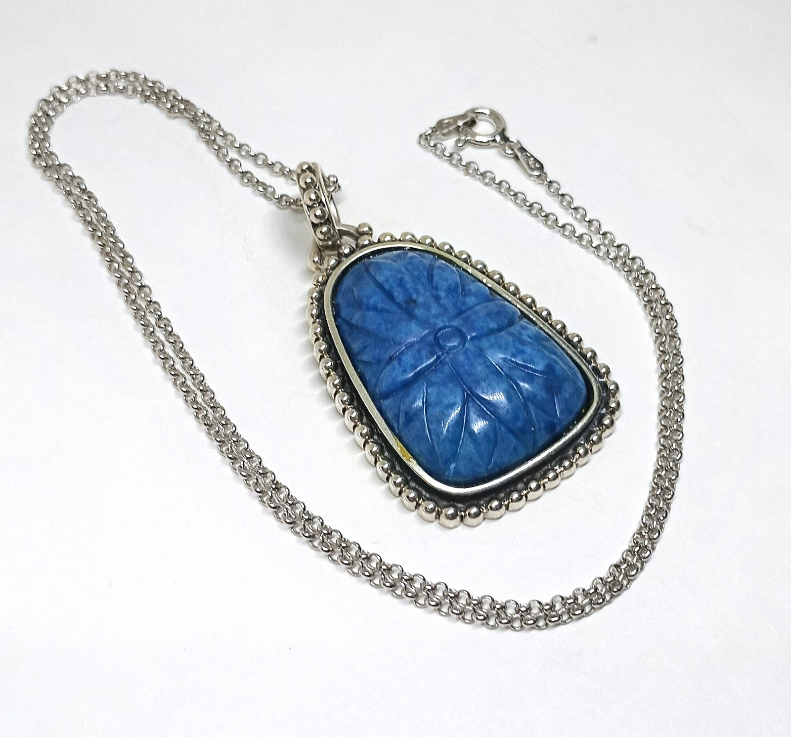 Royal Blue Sterling Silver Thailand Carved Sodalite Stone Necklace