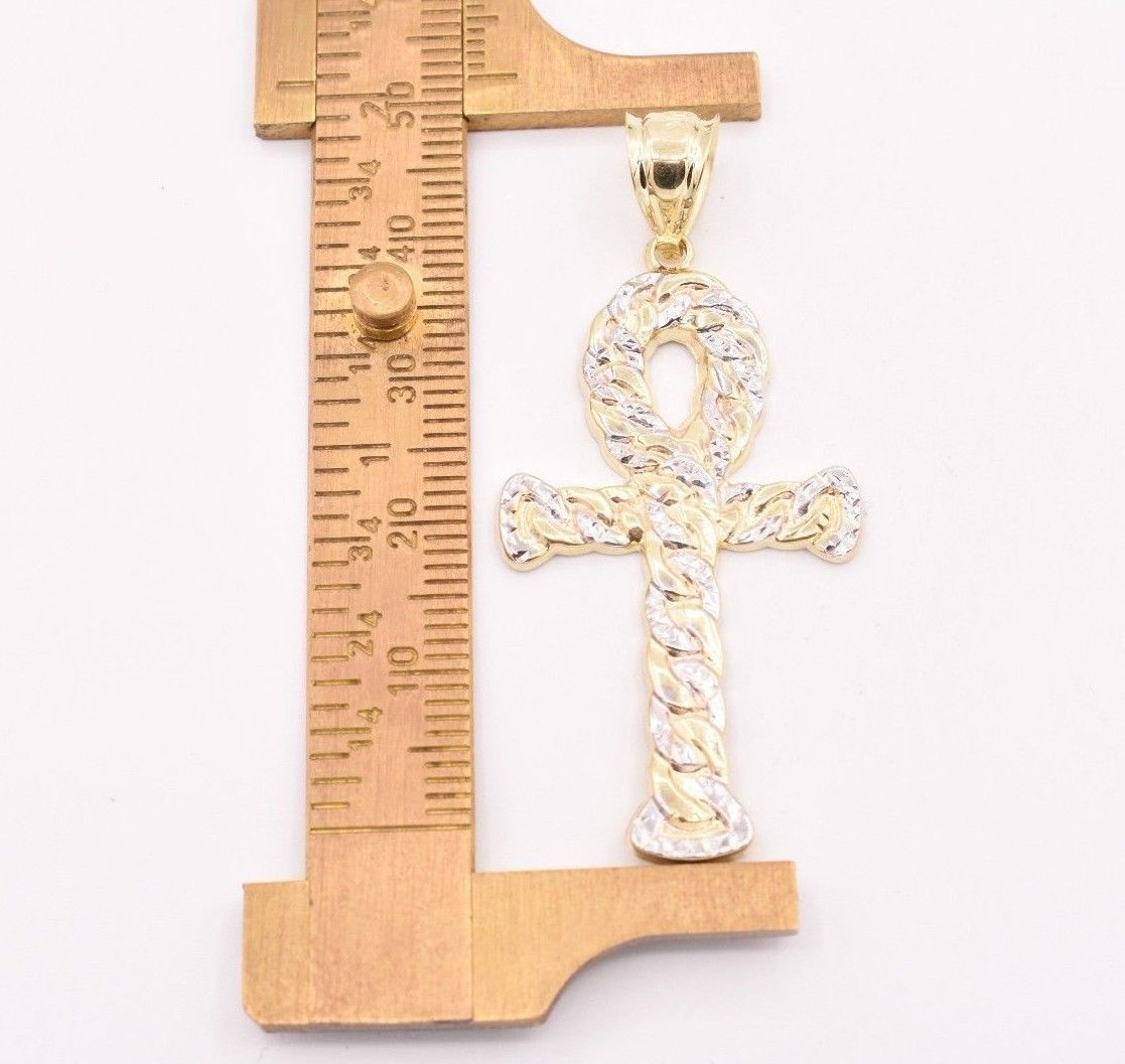 2″ Diamond-Cut Ankh Cross Pendant 10K Yellow White Gold