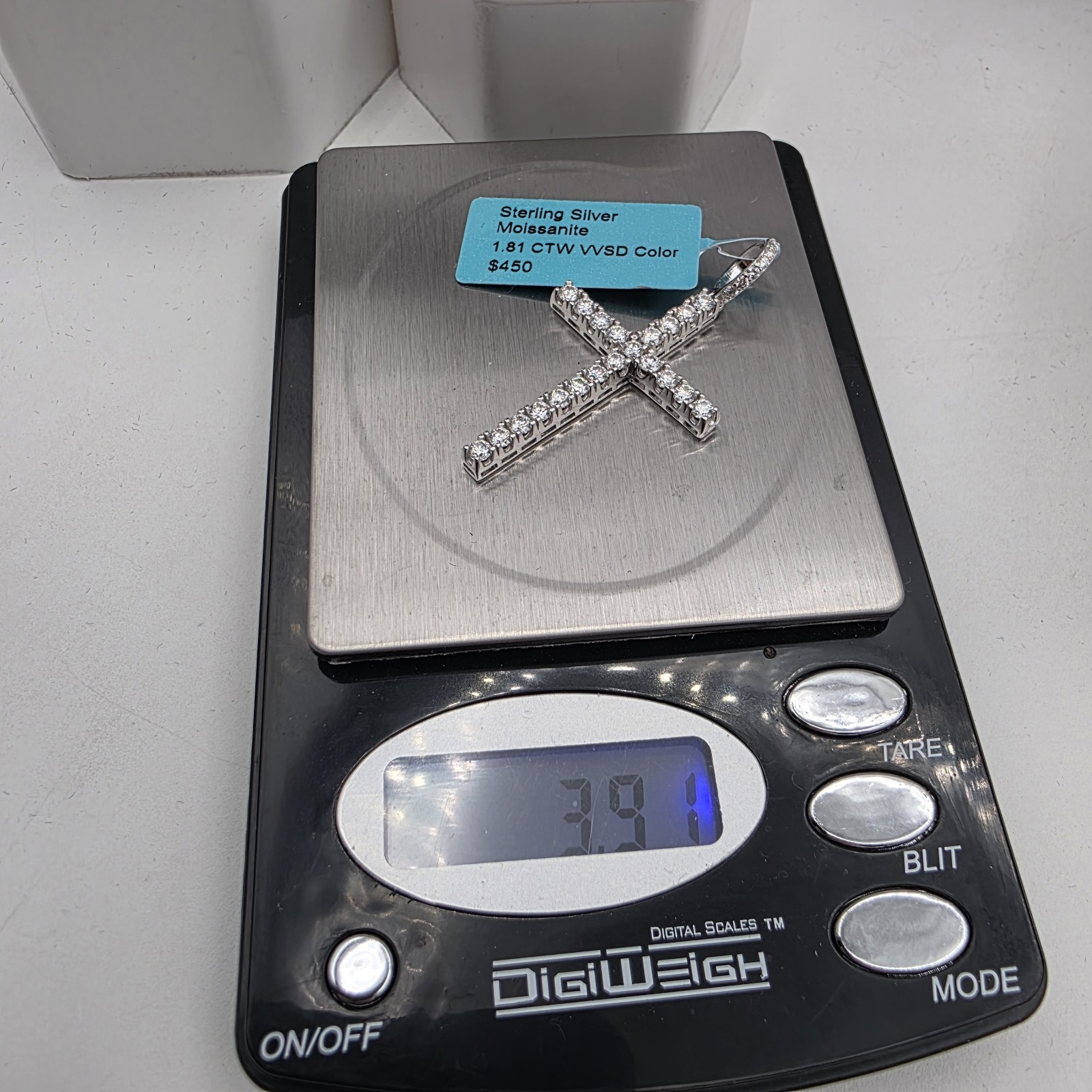 NWT 925 Sterling Silver Moissanite Cross Pendant 1.81 CTW VVS D 2″ Religious