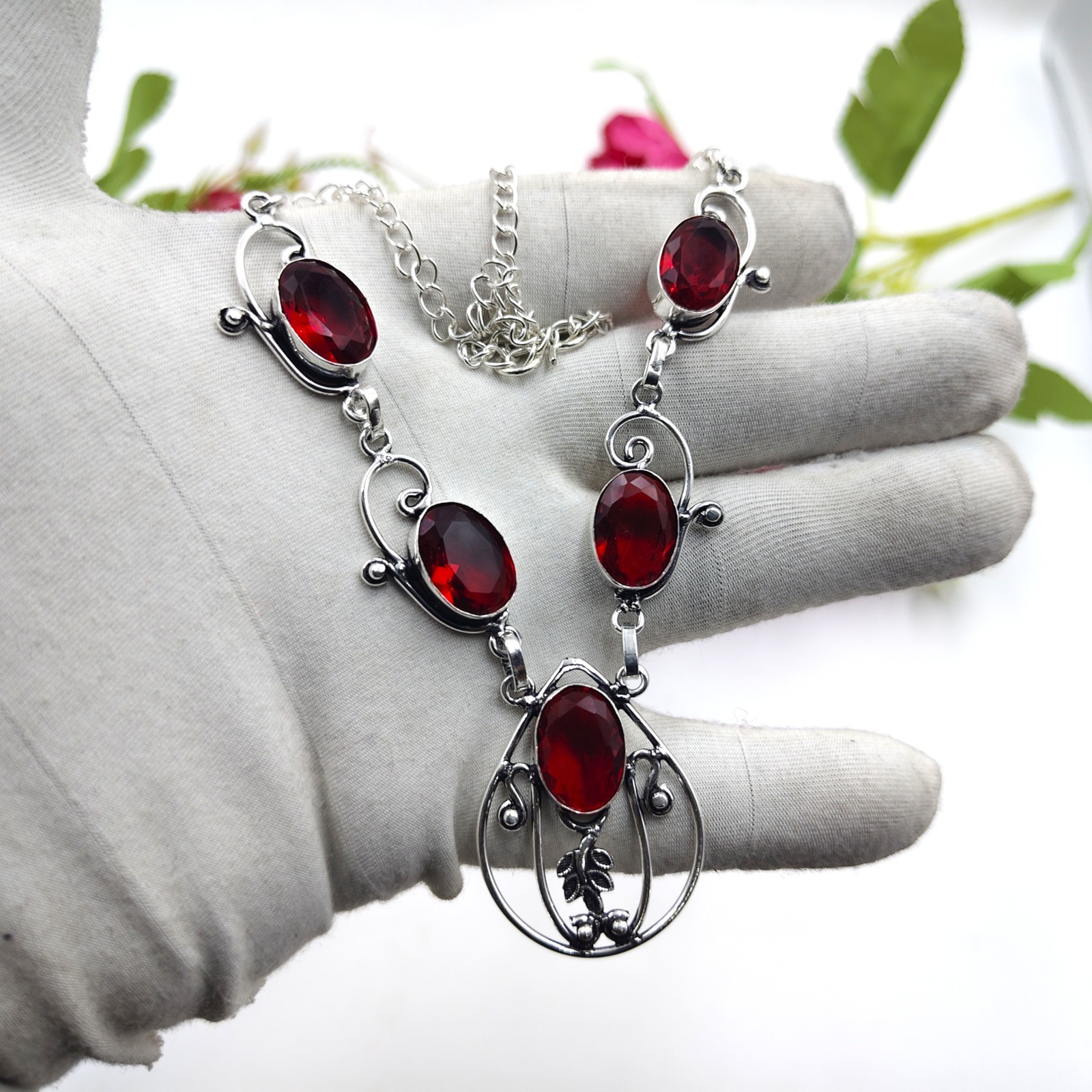 Red Garnet Gemstone Handmade 925 Sterling Silver Jewelry Necklace Size-17-18″