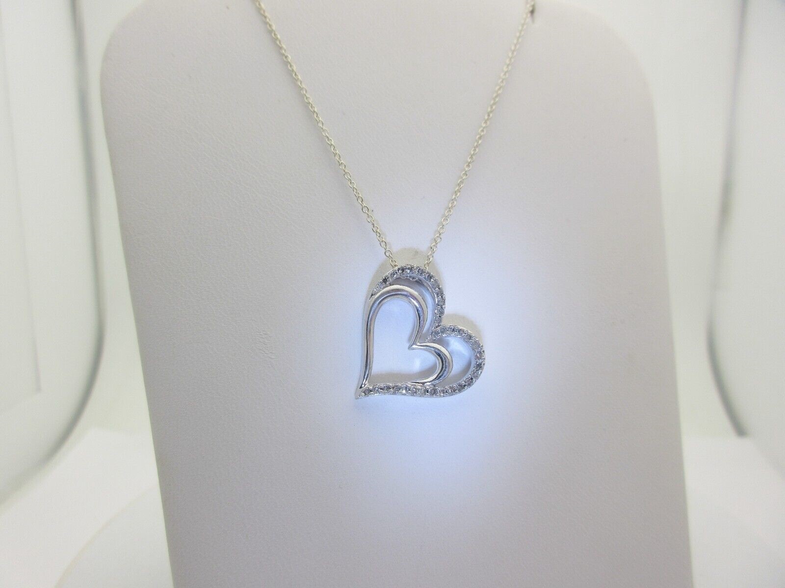 Natural Diamond Necklace Heart Women Double Sterling Silver Gift 19″ .32ct SN007