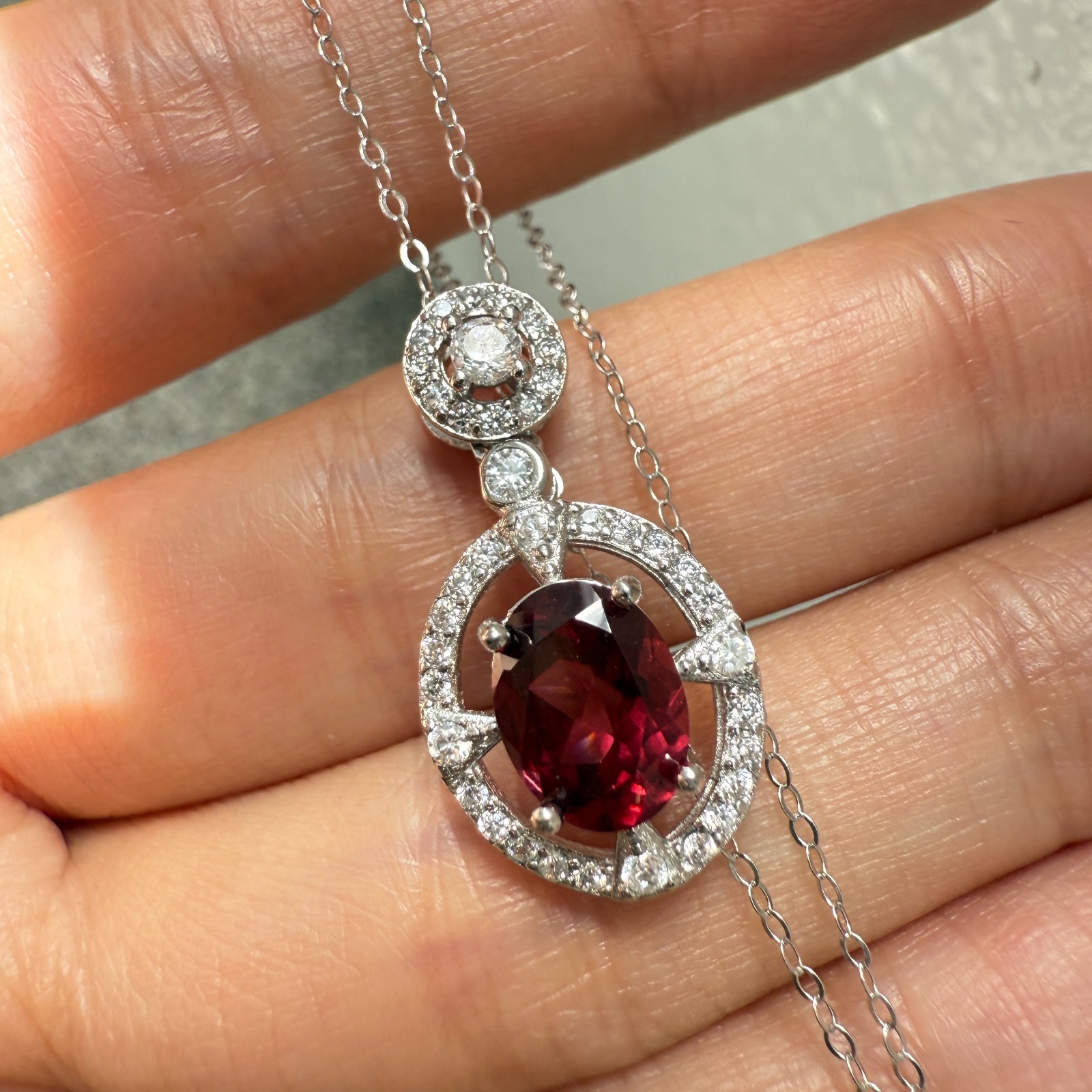 925 Sterling Silver Necklace 8x6mm Natural Garnet Zircon Flower Handmade Chain