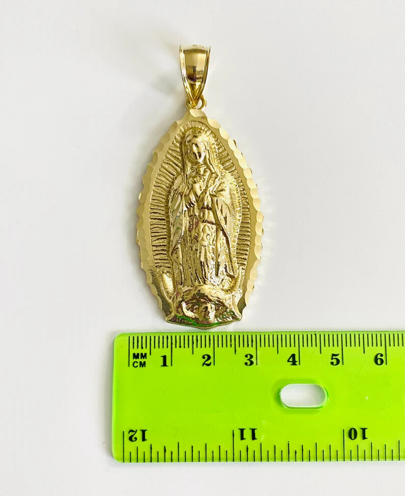 10K Solid Gold Virgin Mary Pendant- 2.6″ 10K Solid Gold Virgin of Guadalupe -G85