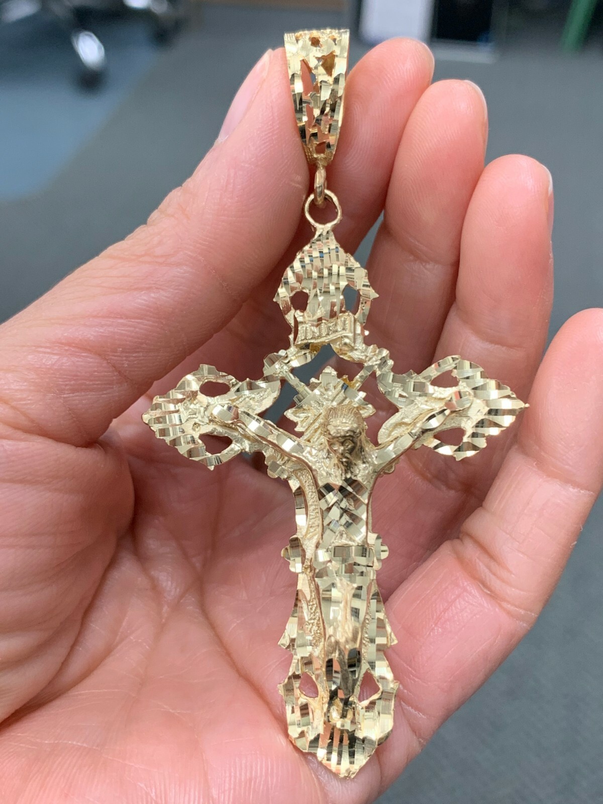 14k Yellow Gold Religious INRI Jesus Christ 3D Big Cross Pendant 3.36″ 16.4grams