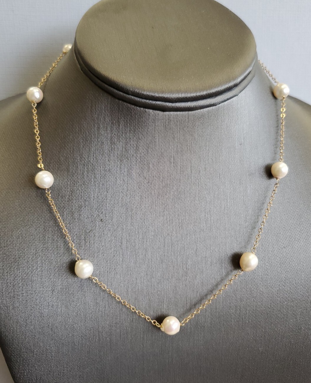 14k Yellow Gold Real floating Pearl Beaded Chain Necklace 6.7mm 16″ 6.6g