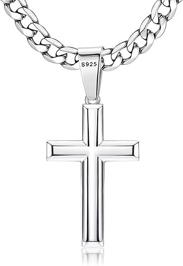 925 Sterling Silver Cross Necklace Men – Beveled Edge Cross Pendant with 5Mm 316