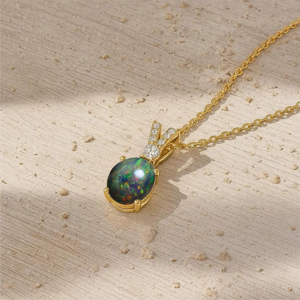 Multifire Black Opal Gemstone Pendant Necklace, Genuine Opal Gemstone Necklace