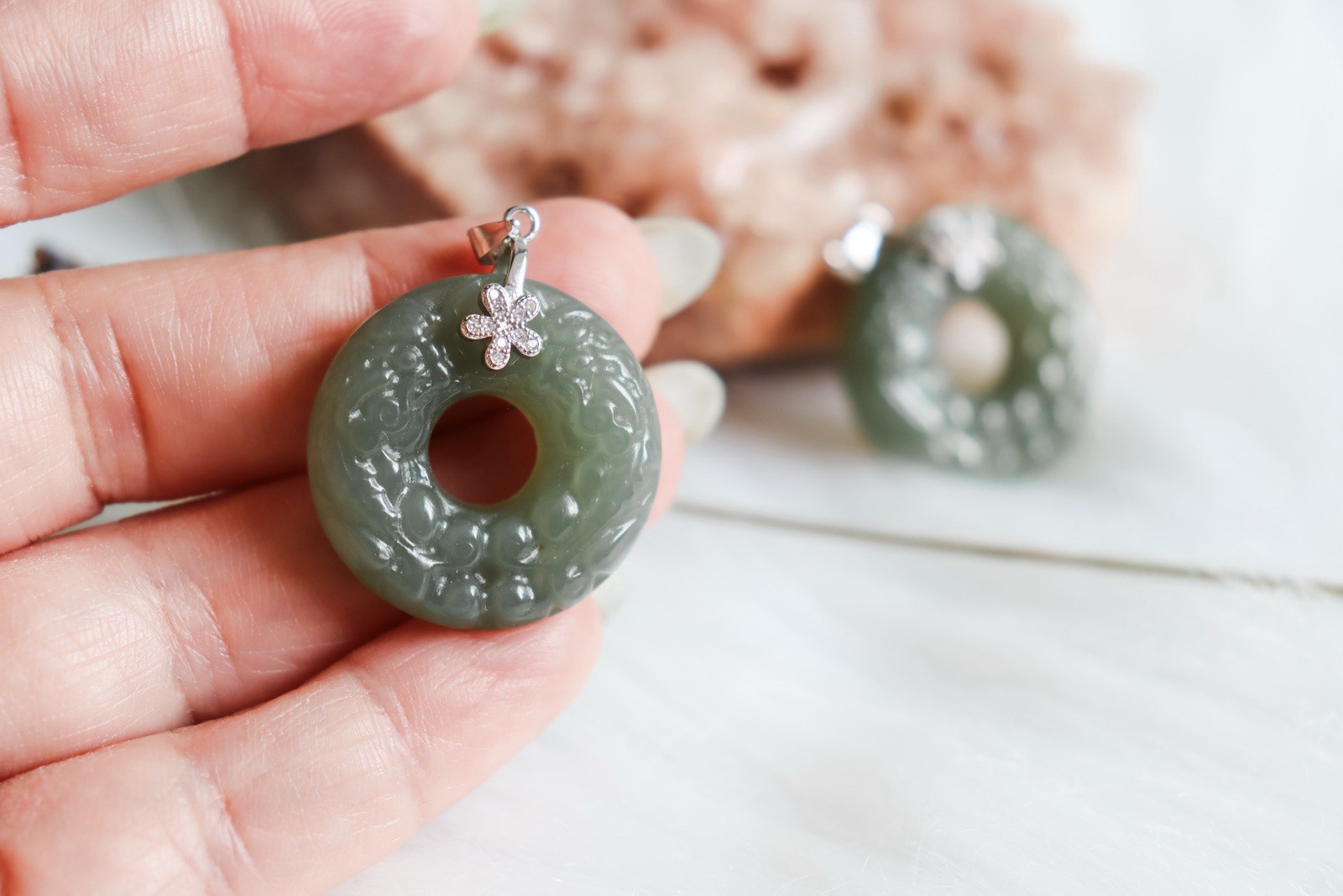 Hetian jade donut Pendant Double pixiu carving S925 Sterling Silver Zircon Clasp
